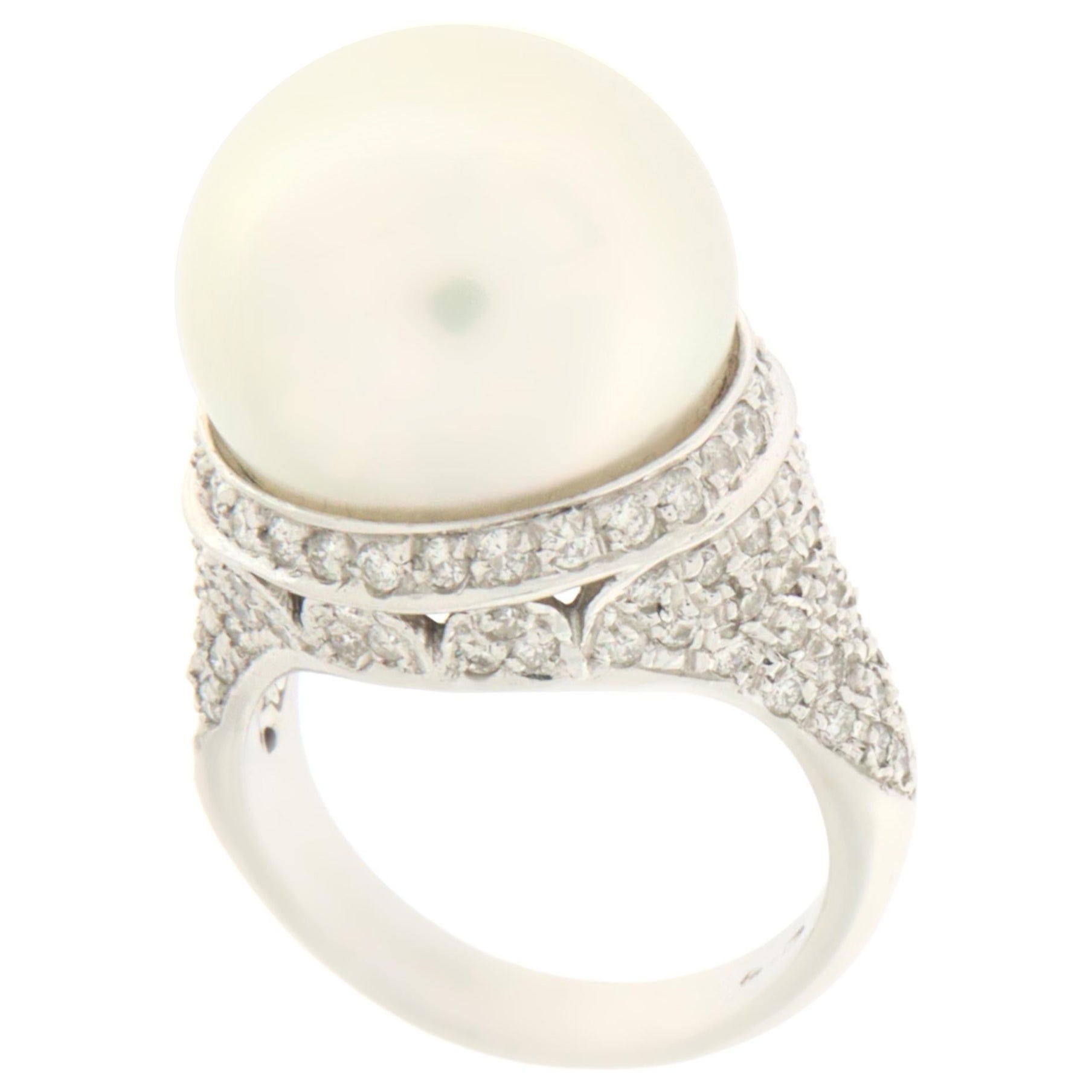 Pearl Diamonds 18 Karat White Gold Cocktail Ring For Sale
