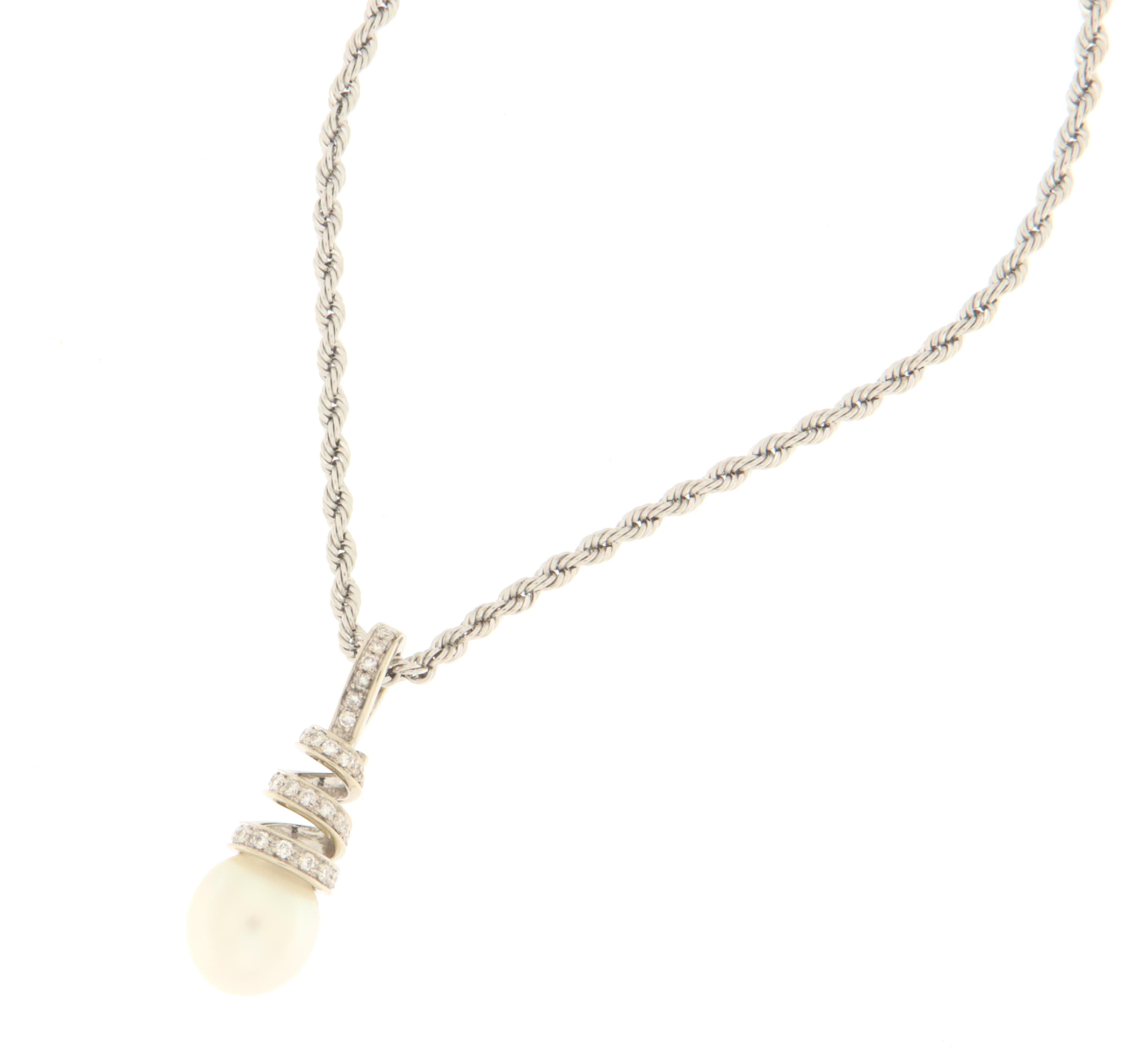 Artisan Pearl Diamonds 18 Karat White Gold Pendant Necklace For Sale