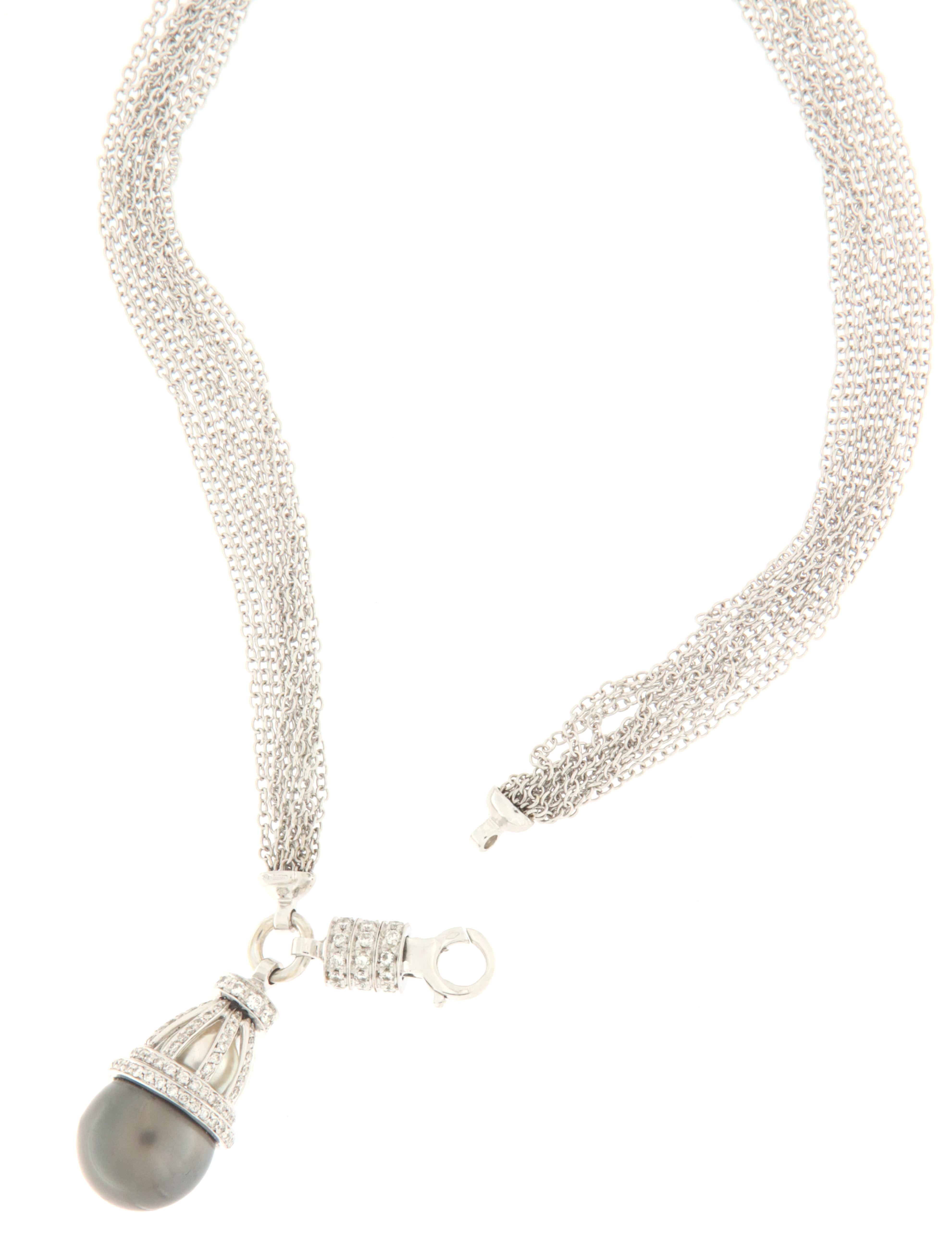 Brilliant Cut Pearl Diamonds 18 Karat White Gold Pendant Necklace
