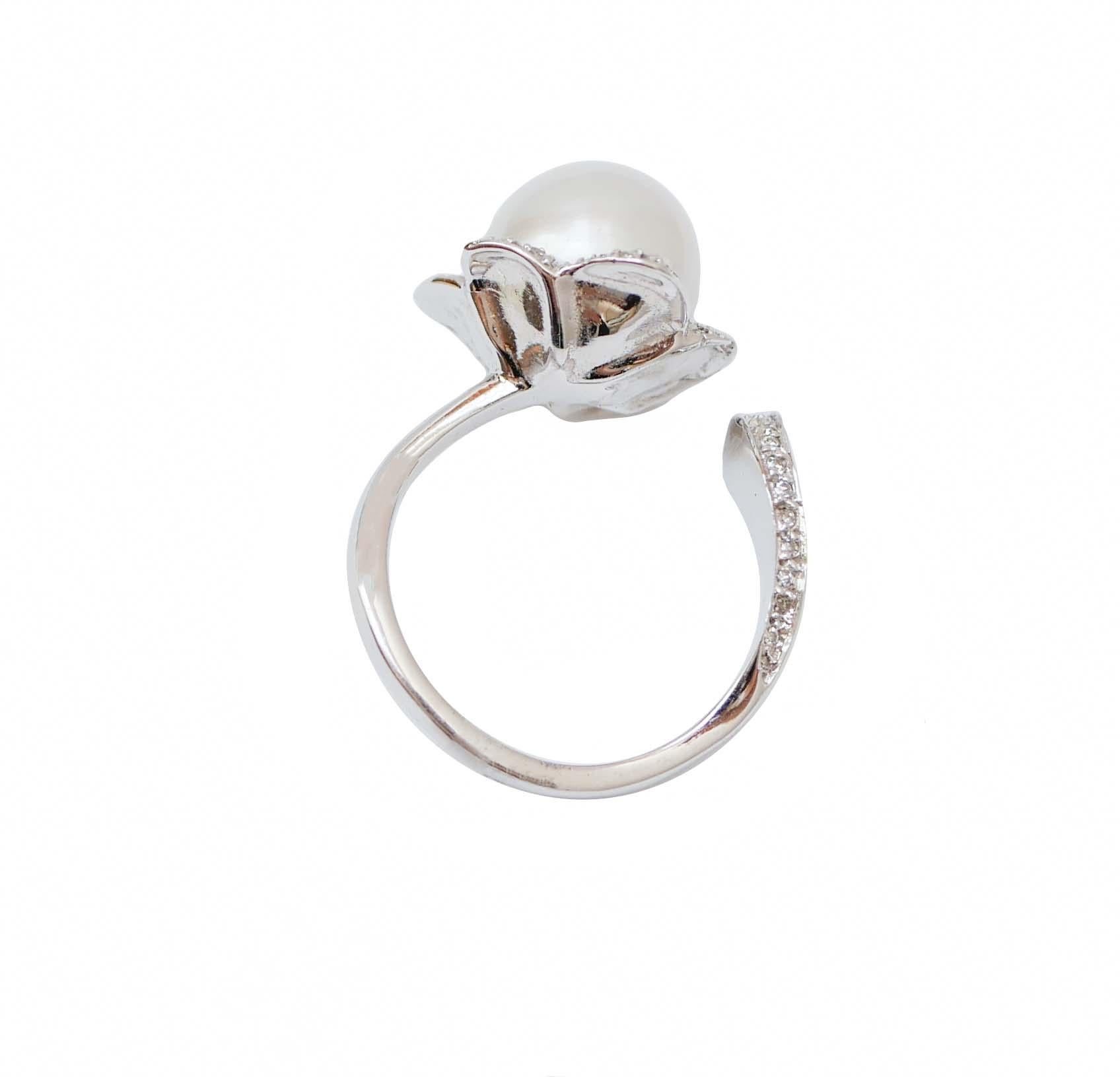 Modern Pearl, Diamonds, 18 Karat White Gold Ring. For Sale