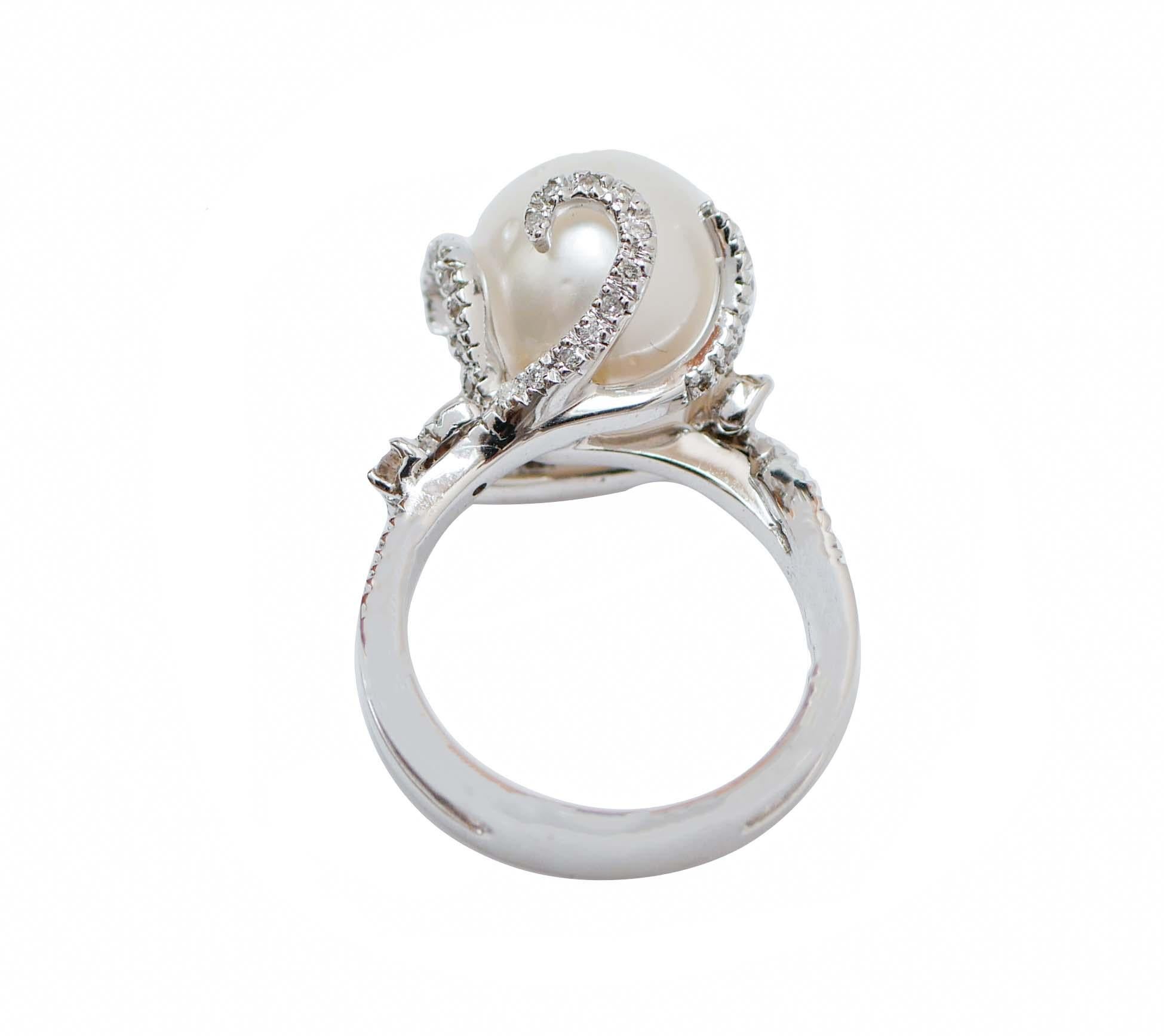 Retro Pearl, Diamonds, 18 Karat White Gold Ring. For Sale