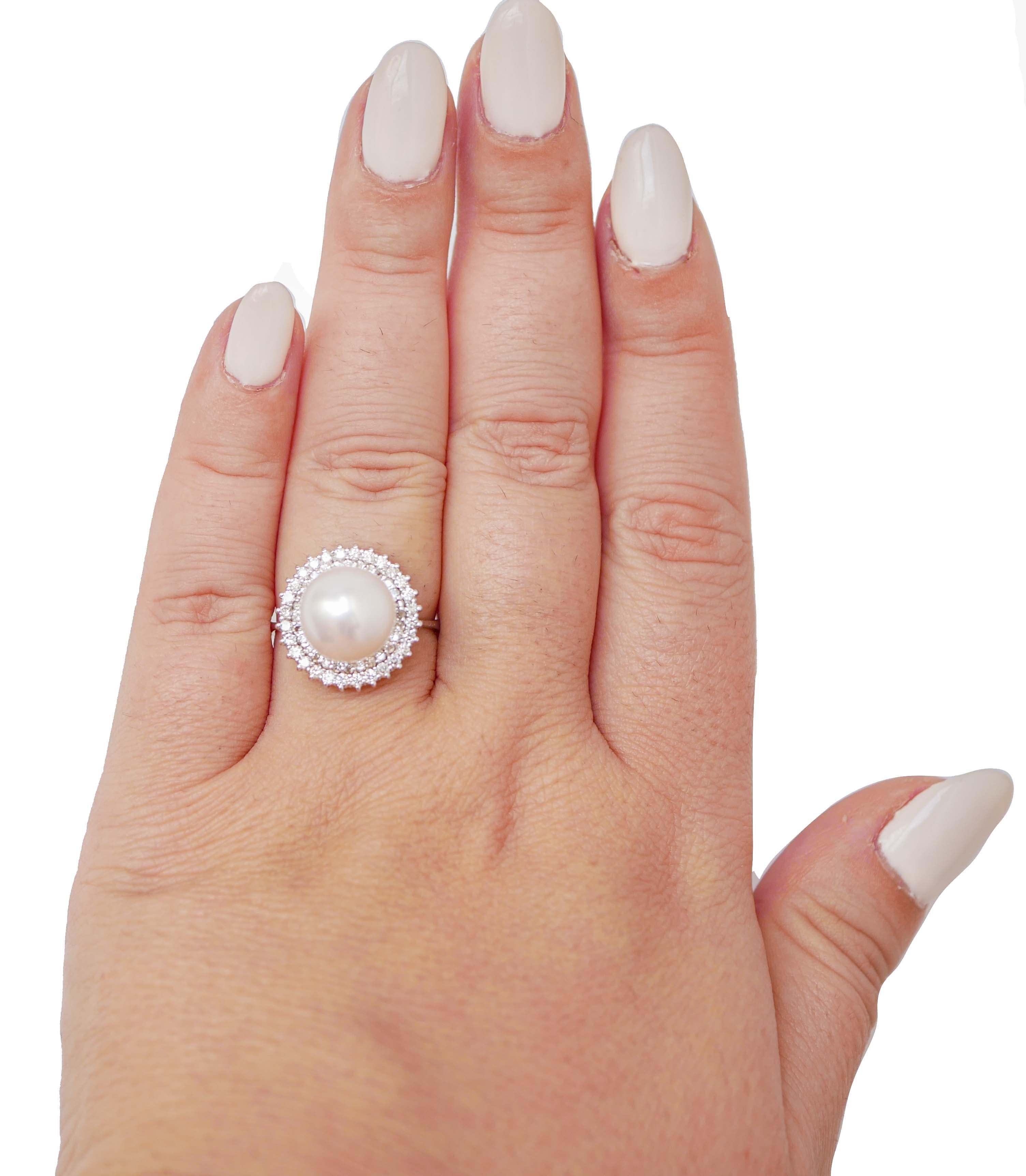 Mixed Cut Pearl, Diamonds, 18 Karat White Gold Ring.