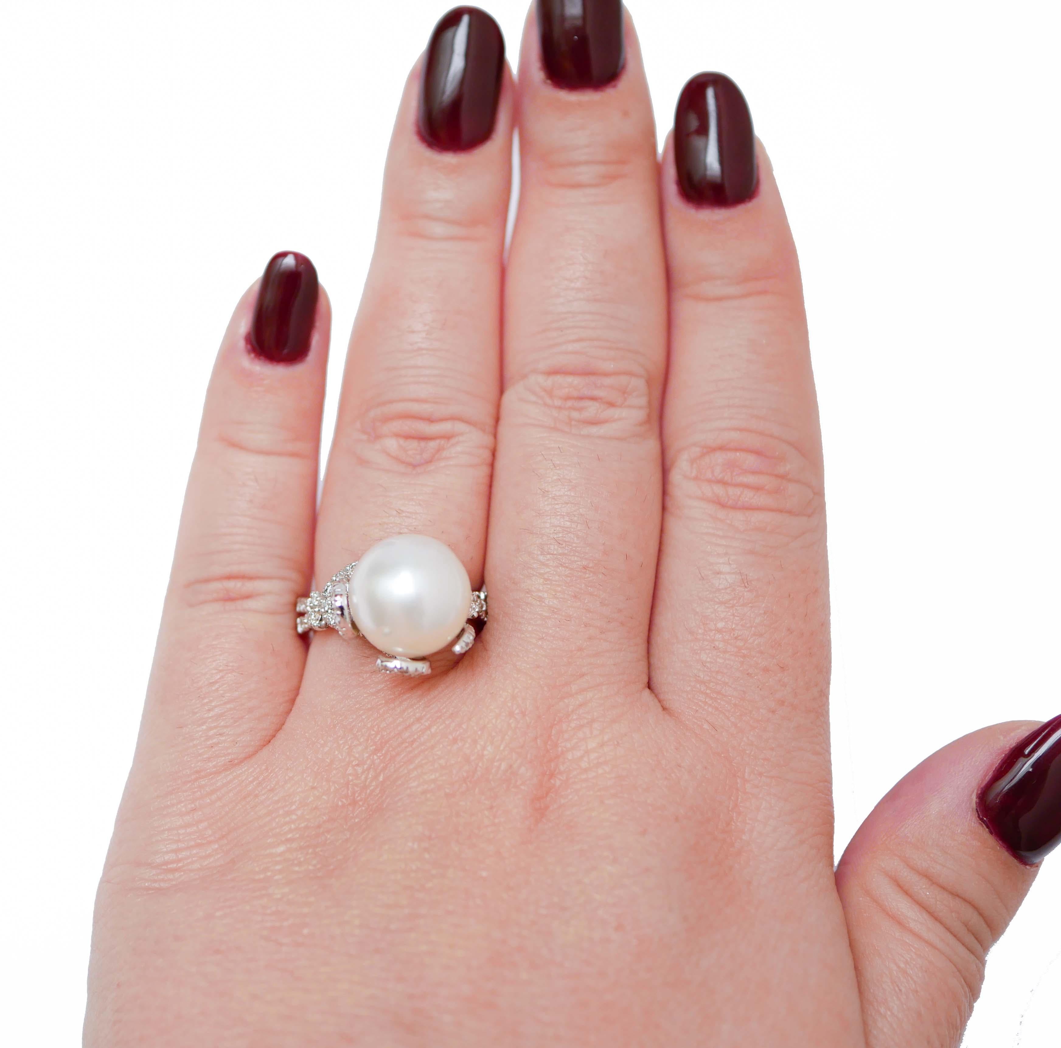 Mixed Cut Pearl, Diamonds, 18 Karat White Gold Ring. For Sale