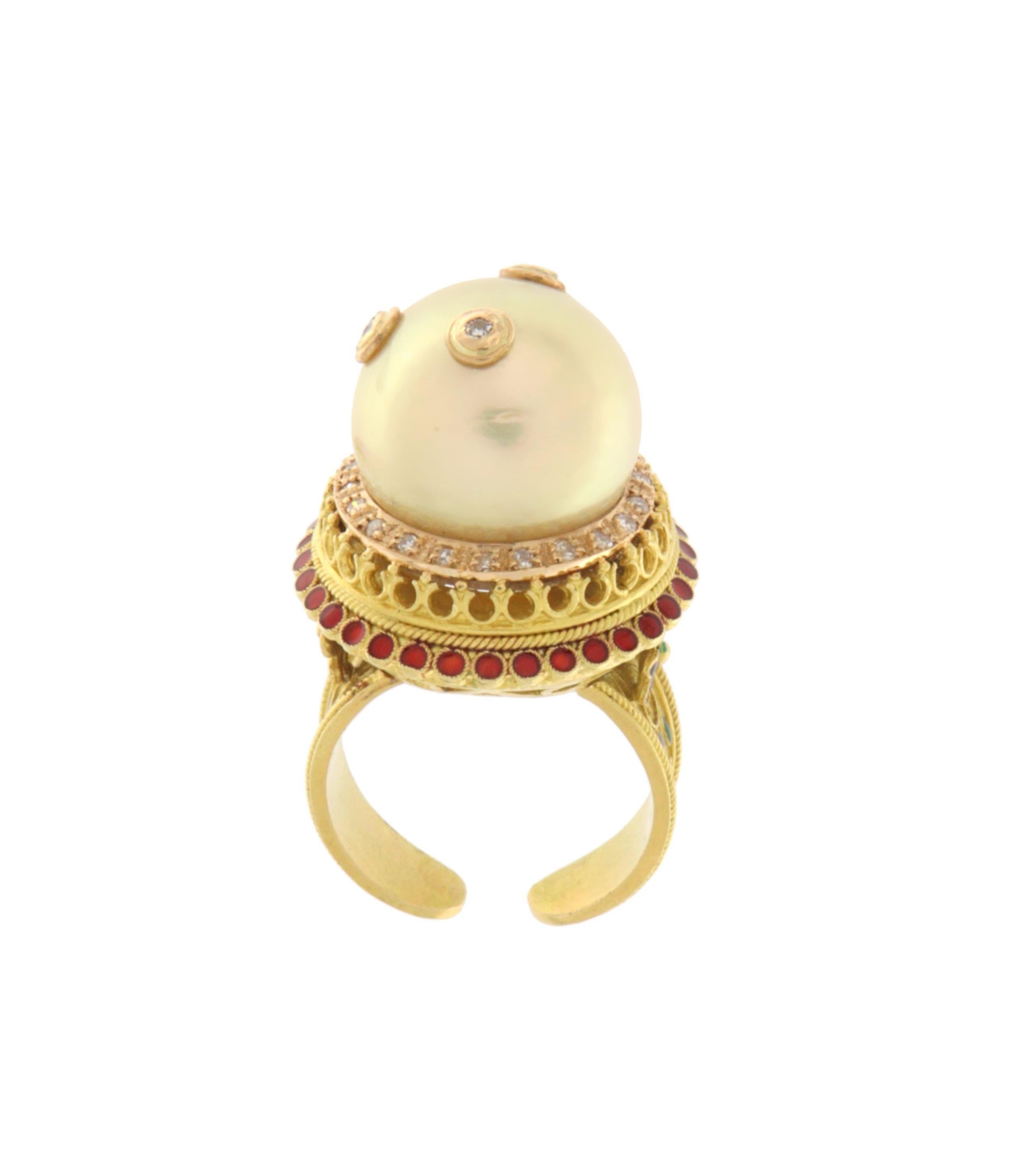 Bague cocktail en or jaune 18 carats avec perles et diamants Neuf - En vente à Marcianise, IT