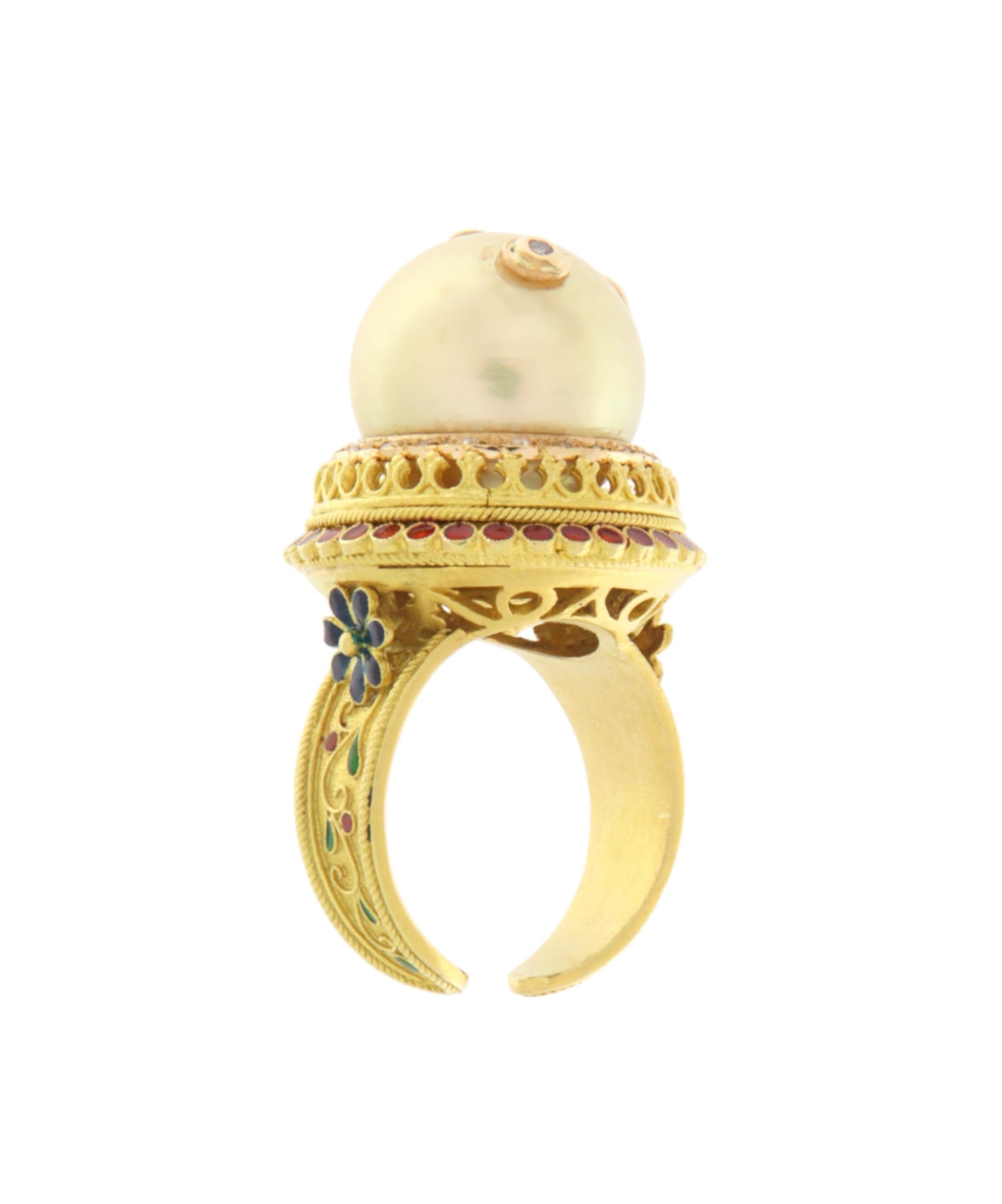 Bague cocktail en or jaune 18 carats avec perles et diamants Pour femmes en vente