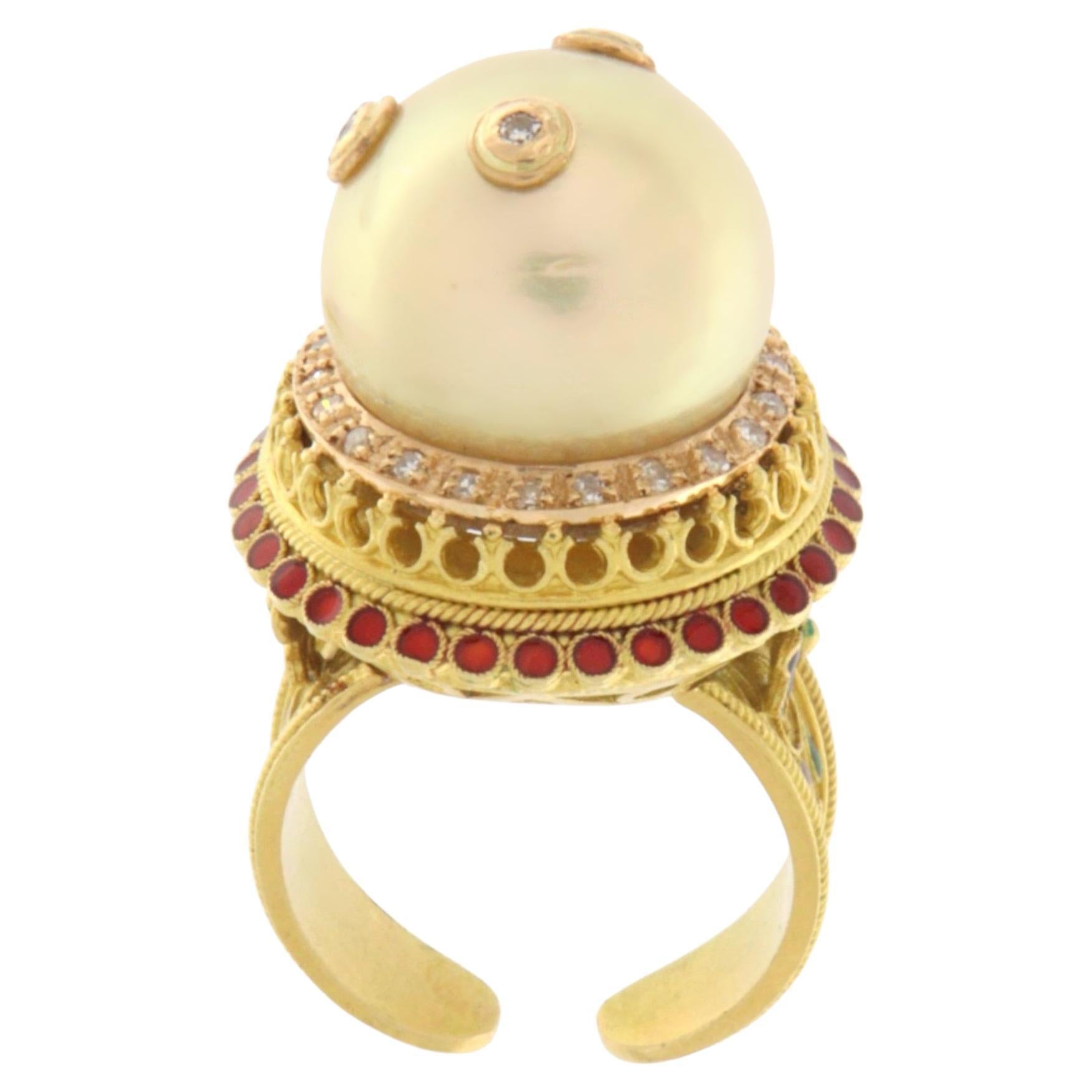 Bague cocktail en or jaune 18 carats avec perles et diamants