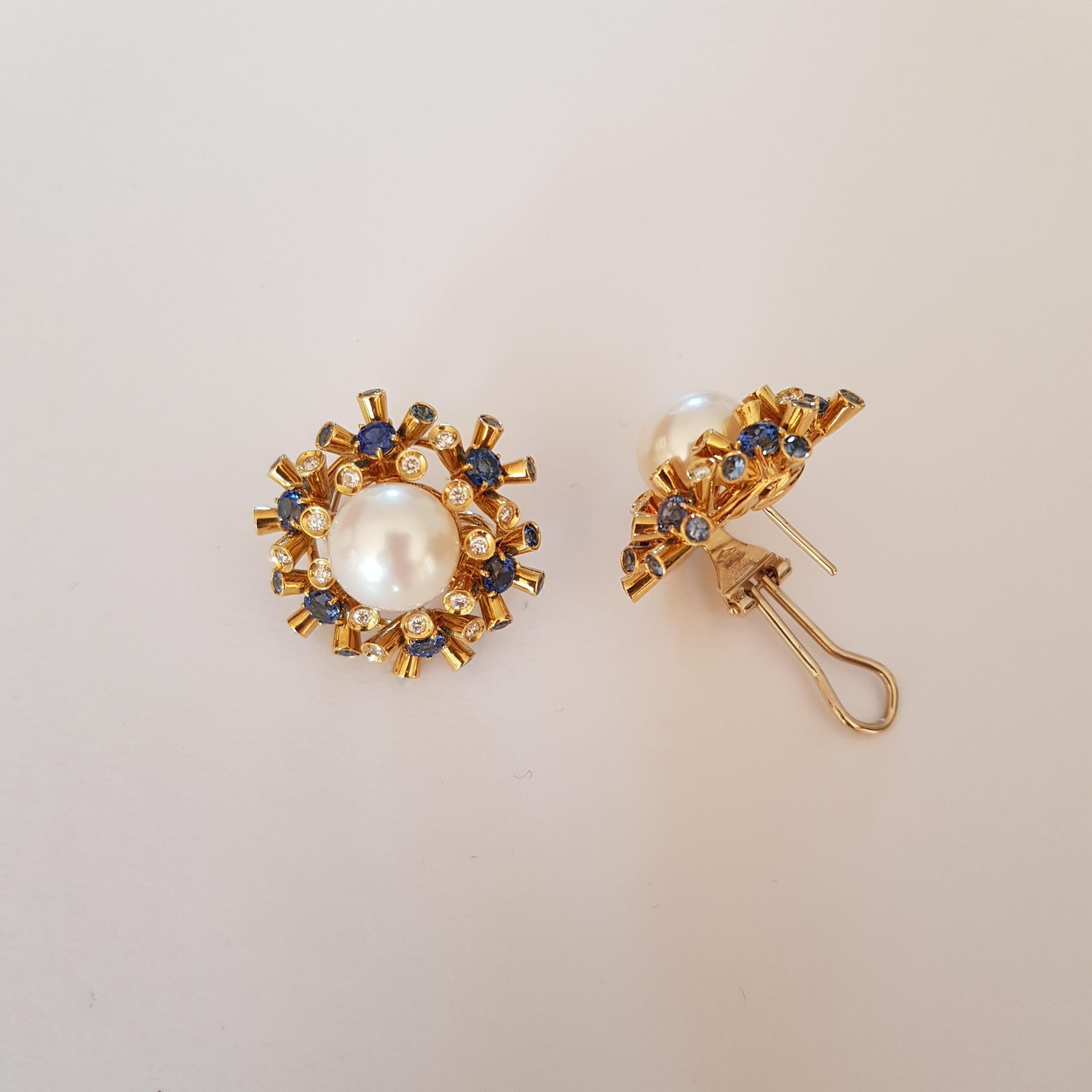 Round Cut Pearl, Diamonds and Sapphire Clip and Pierced Earrings For Sale