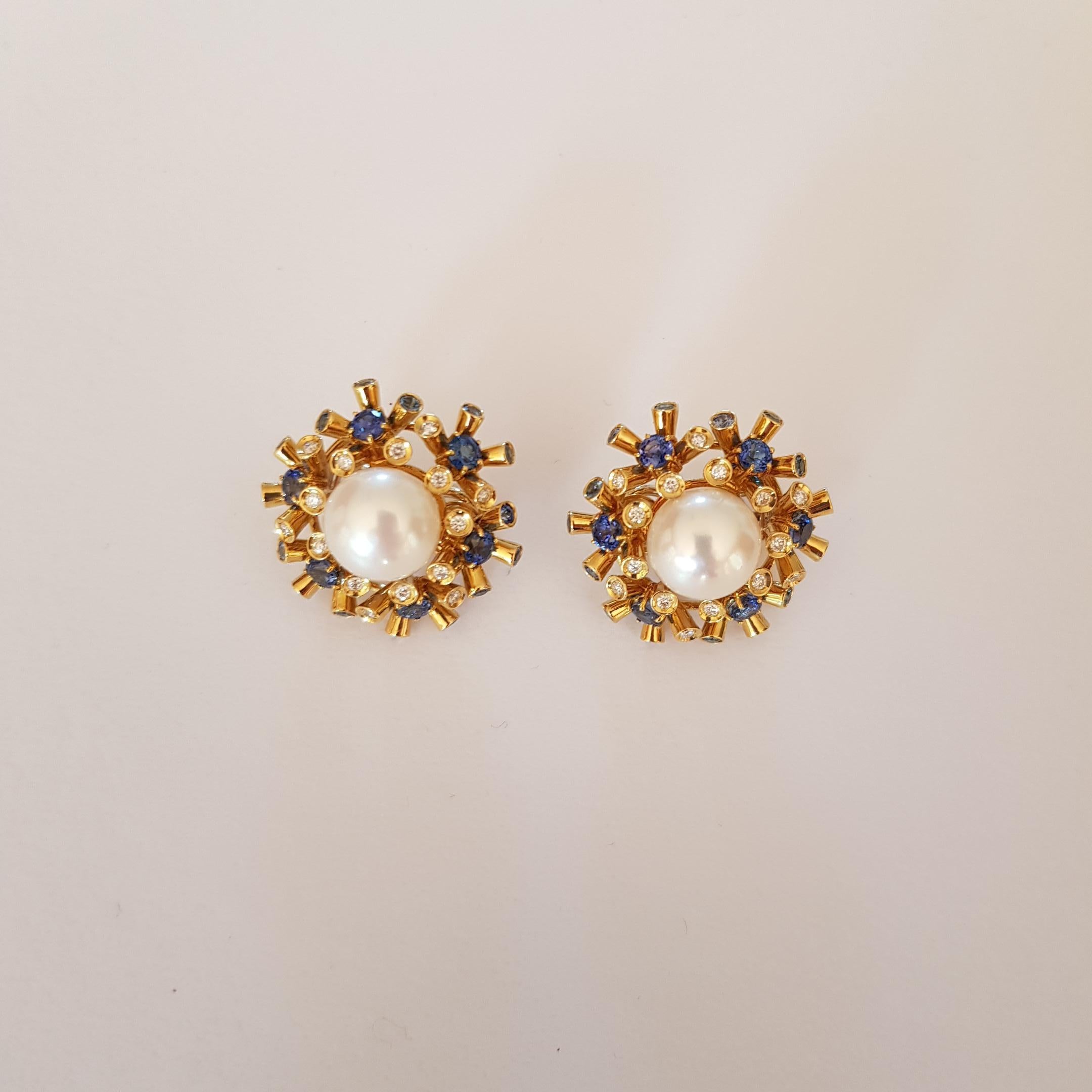 Pearl, Diamonds and Sapphire Clip and Pierced Earrings For Sale 1