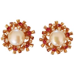 Pearl, Diamonds and Sapphire Clip and Pierced Earrings