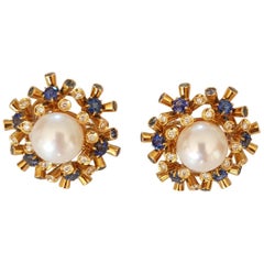 Pearl, Diamonds and Sapphire Clip and Pierced Earrings Vintage Pearl, Diamonds and Sapphire Clip and Pierced Earrings