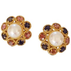 Pearl, Diamonds and Sapphire Clip Earrings