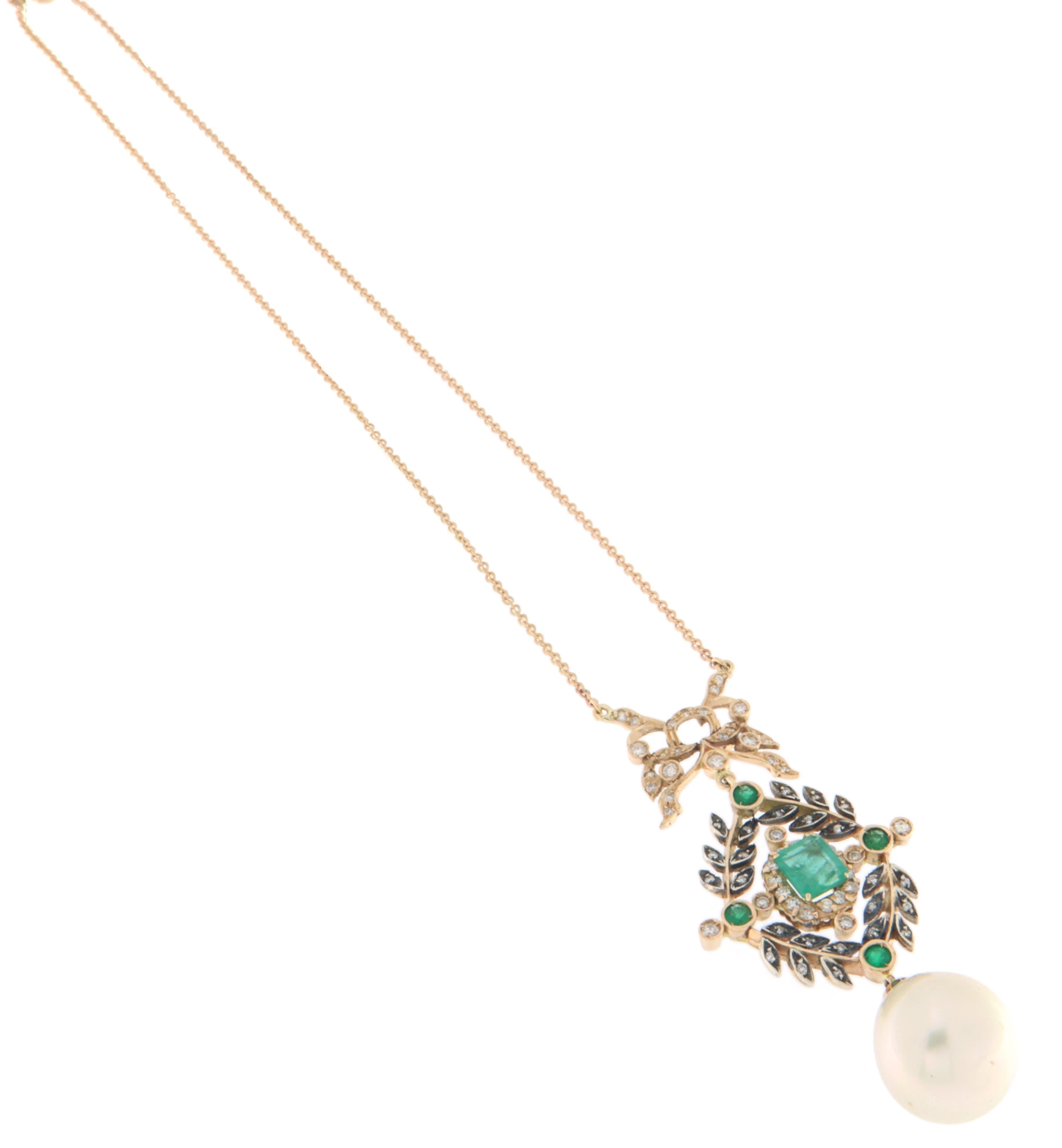 Artisan Pearl Diamonds Emeralds 14 Karat Yellow Gold Pendant Necklace For Sale