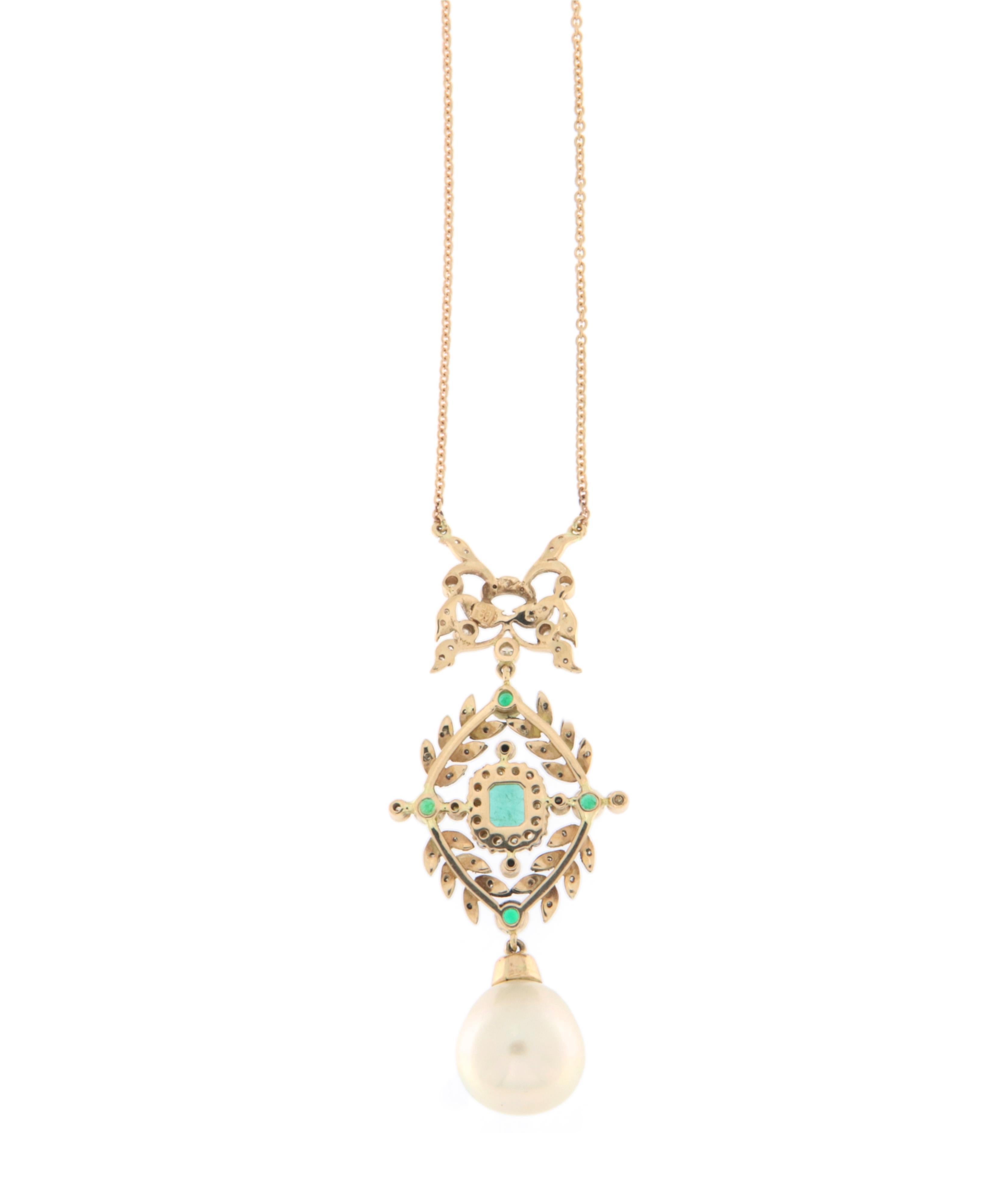 Brilliant Cut Pearl Diamonds Emeralds 14 Karat Yellow Gold Pendant Necklace For Sale