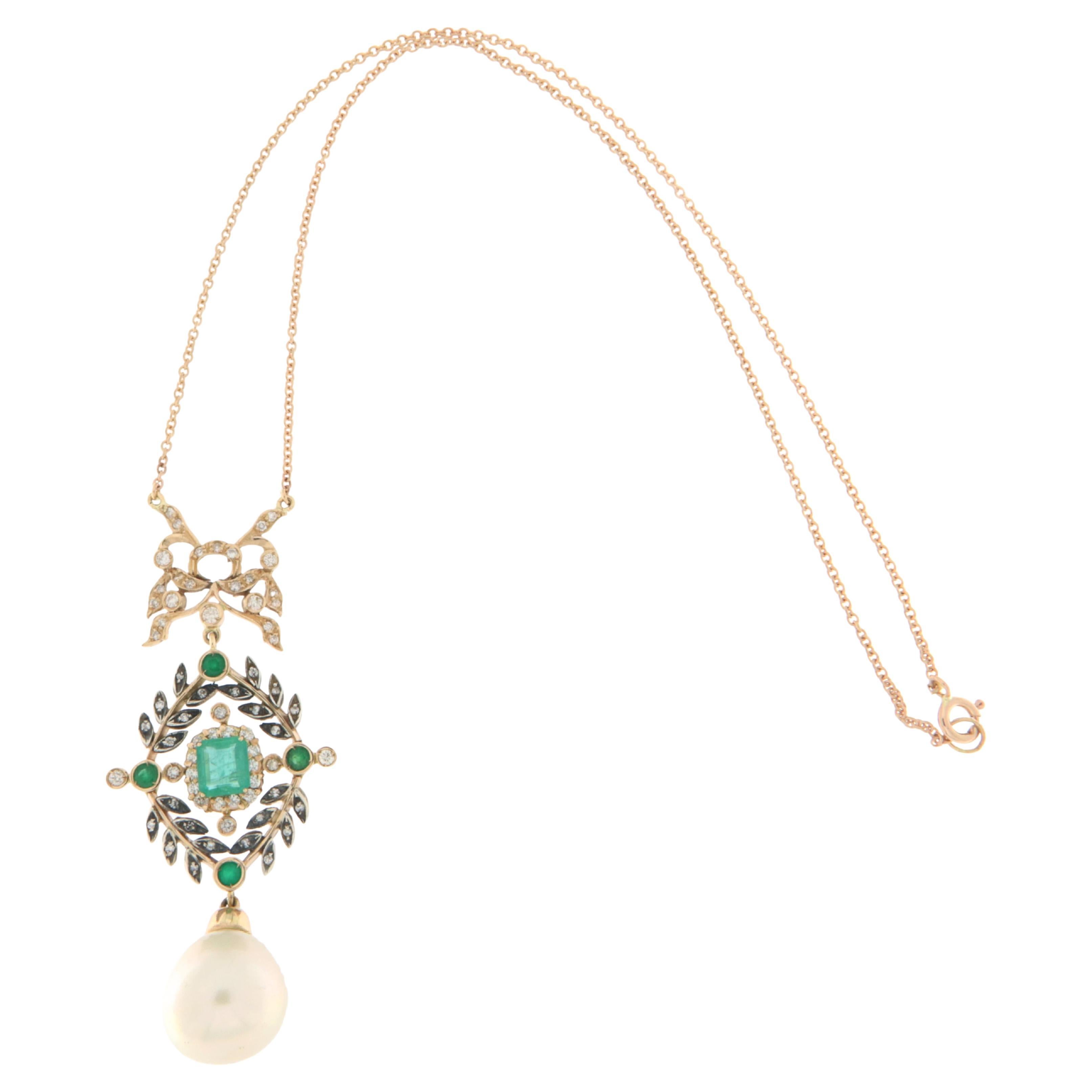 Pearl Diamonds Emeralds 14 Karat Yellow Gold Pendant Necklace