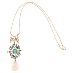 Pearl Diamonds Emeralds 14 Karat Yellow Gold Pendant Necklace