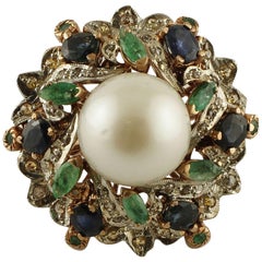 Pearl, Diamonds, Emeralds, Blue Sapphires 9 Karat Gold and Silver Ring