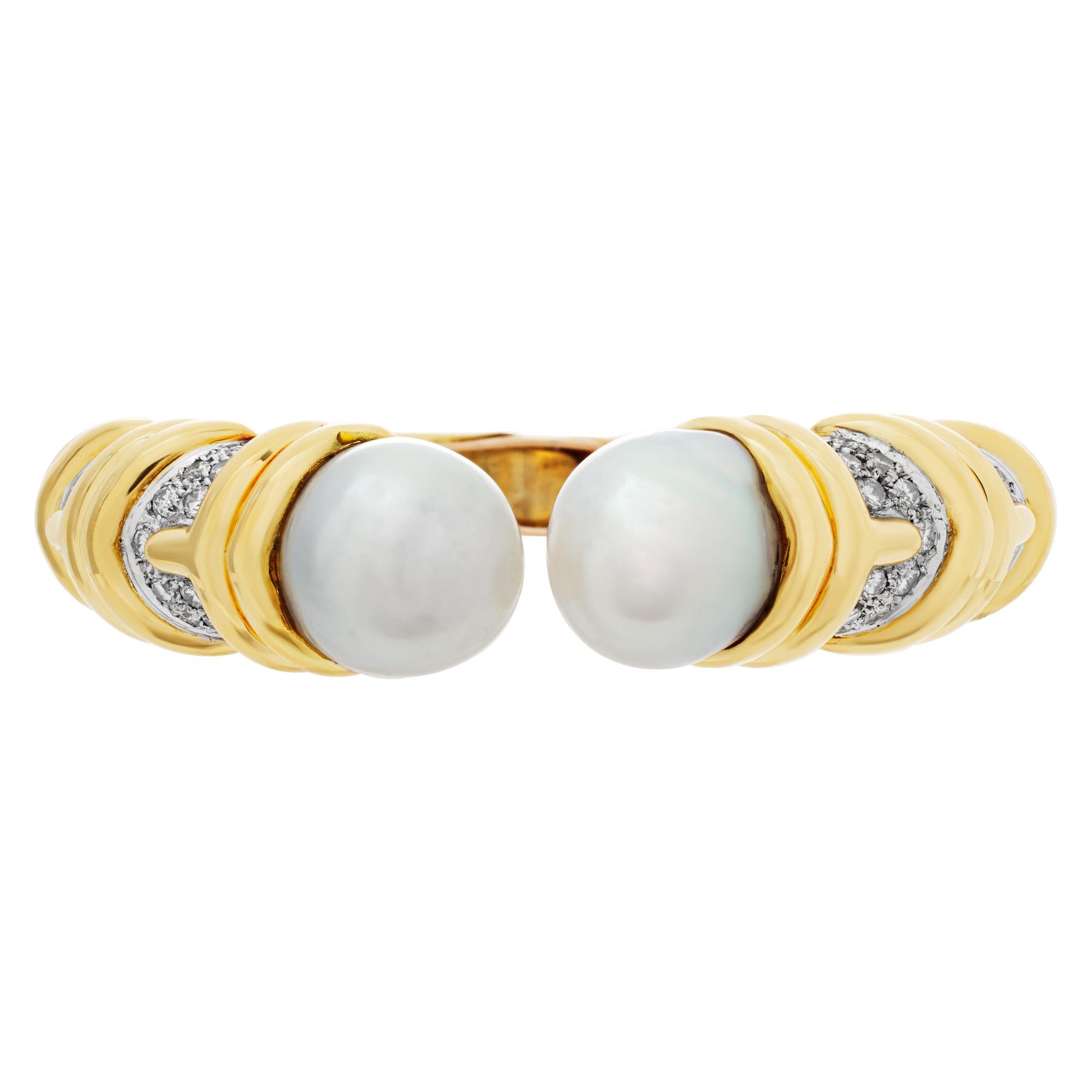 Pearl & diamonds hinged bangle, set in 18K yellow & white gold. Pearls with silver beautiful overtone are 15 x 15.5 mm. Round briliant cut diamonds total approx. weight: over 2.50 carats, estimate G-H color, VS clarity. Fits 6-7.5 inches wrist