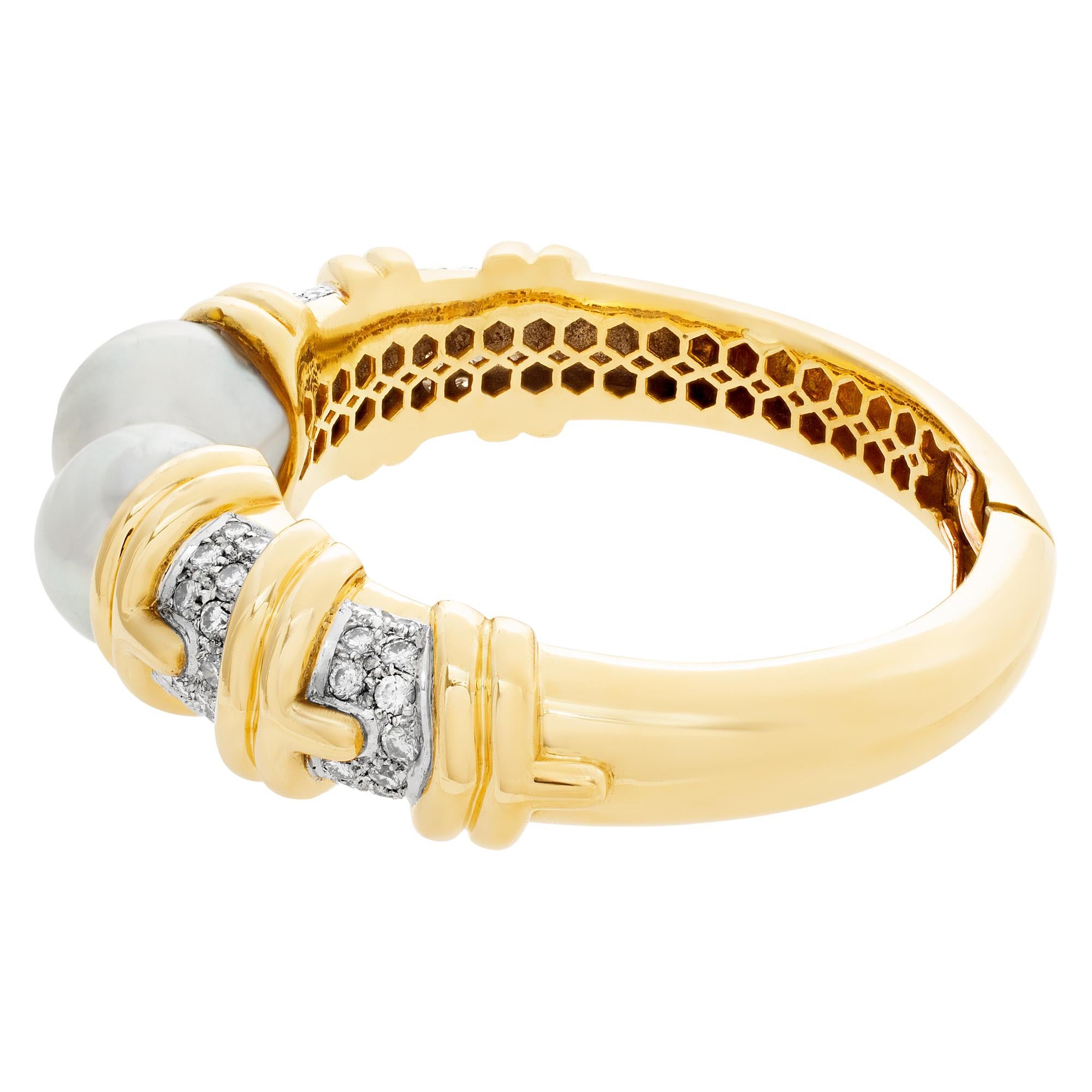 Women's Pearl & Diamonds Hinged Bangle, Set in 18K Yellow & White Gold