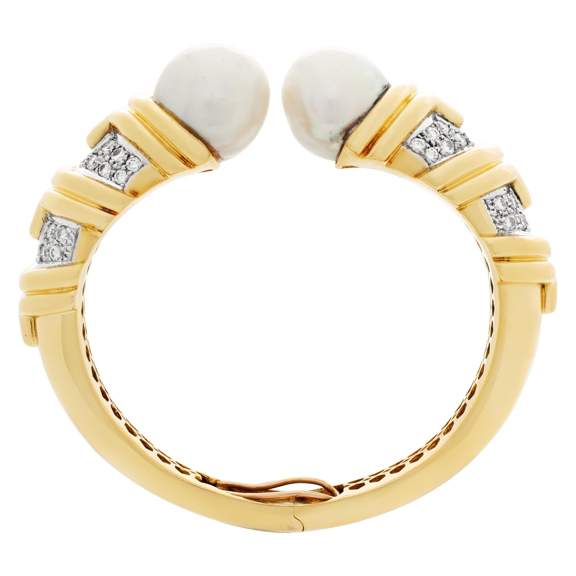 Pearl & Diamonds Hinged Bangle, Set in 18K Yellow & White Gold 1