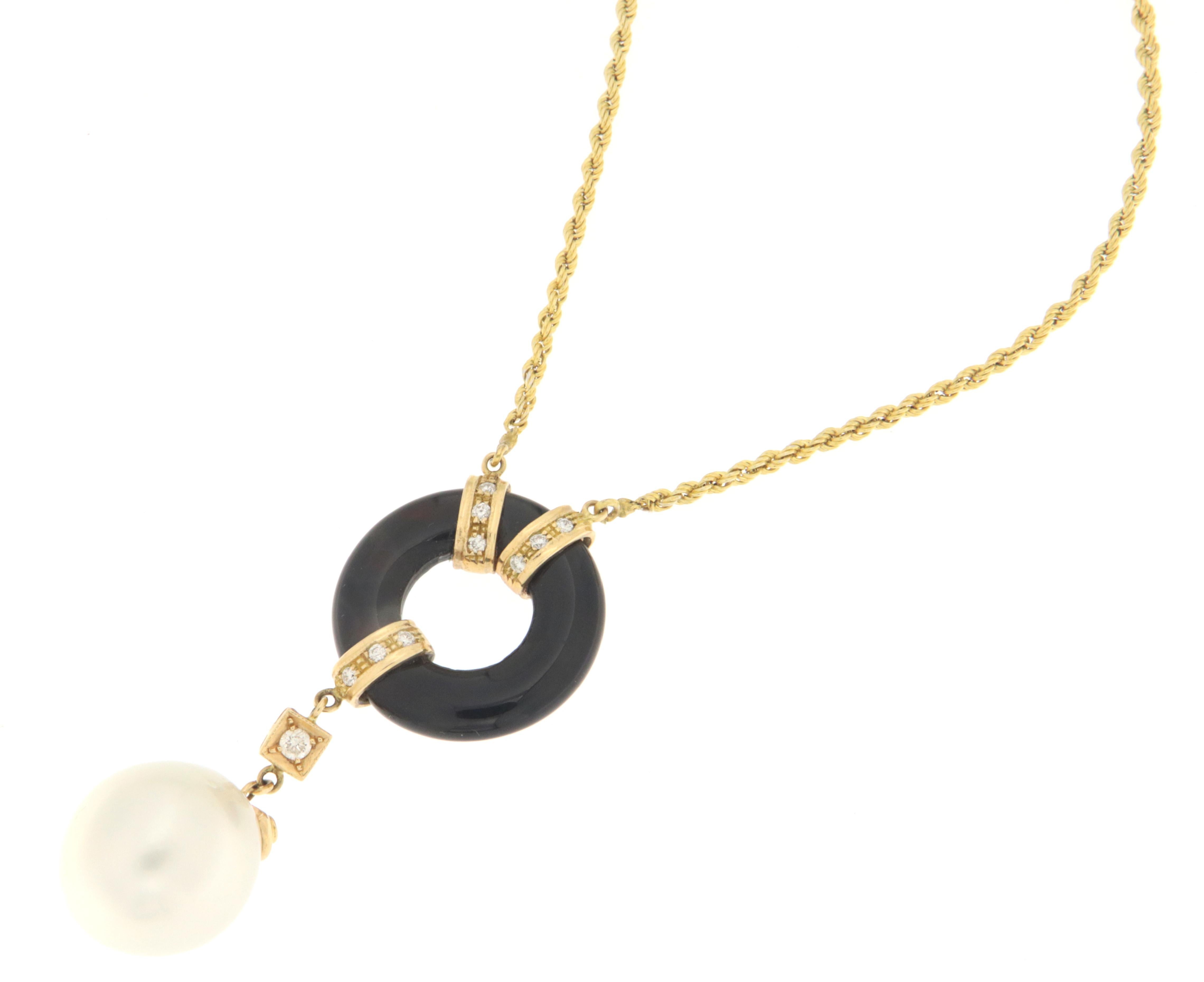 Artisan Pearl Diamonds Onyx 18 Karat Yellow Gold Pendant Necklace For Sale