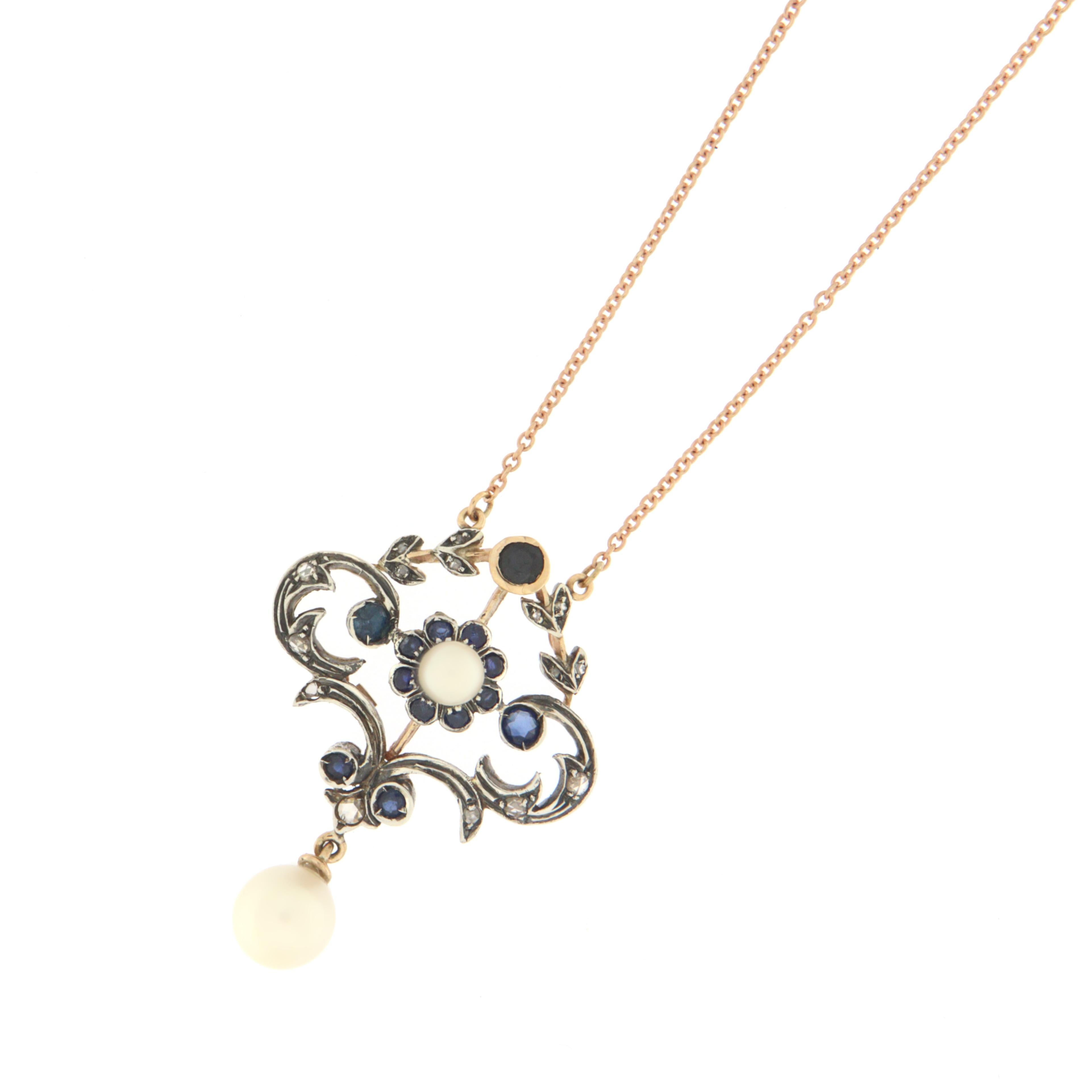 Retro Pearl Diamonds Sapphires Yellow Gold 14 Carat Necklace For Sale