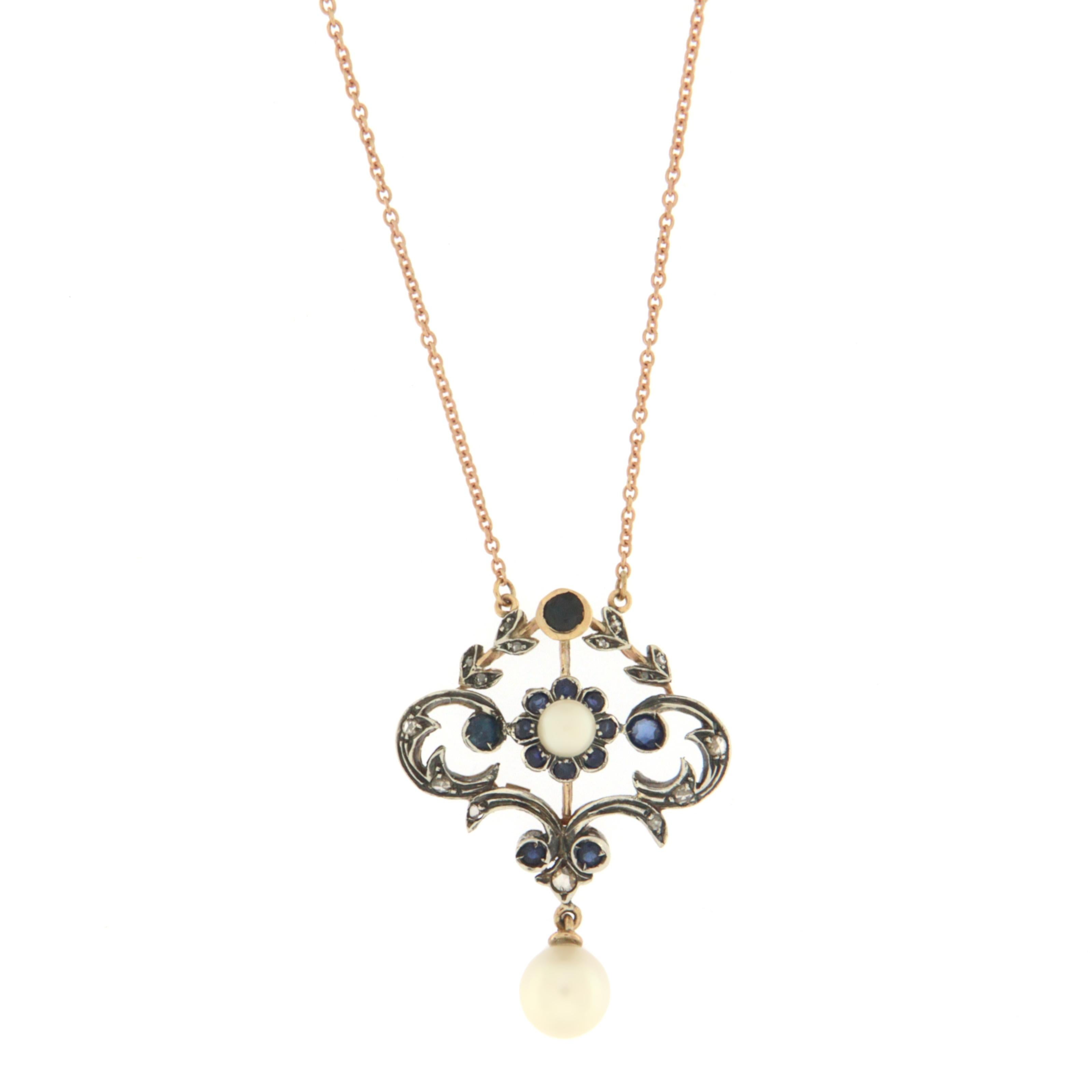 Pearl Diamonds Sapphires Yellow Gold 14 Carat Necklace In New Condition For Sale In Marcianise, IT