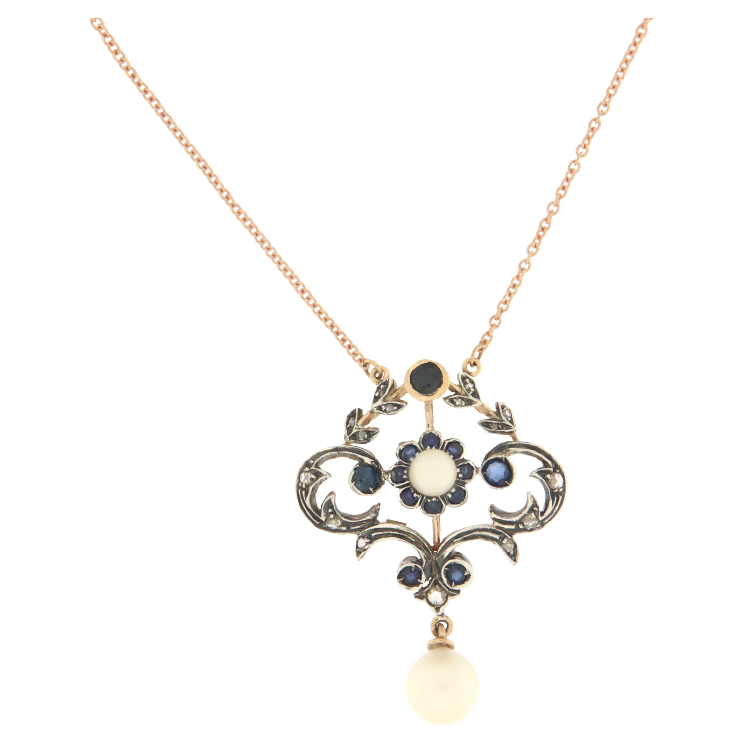 Pearl Diamonds Sapphires Yellow Gold 14 Carat Necklace For Sale