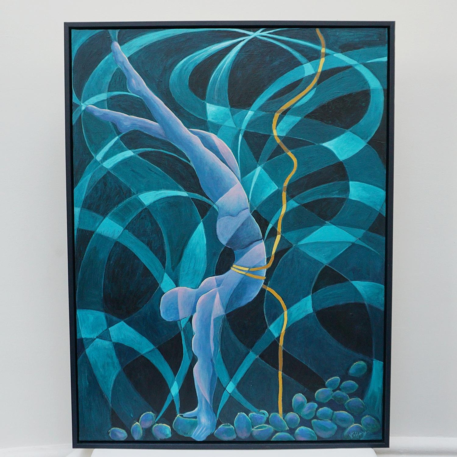 'Pearl Diver' An Art Deco style contemporary painting by Vera Jefferson an athletic diver searching for pearls amongst a stylised background. Signed V Jefferson to lower right. 

Dimensions: H 94cm W 64cm

Vera Jefferson trained at Goldsmiths