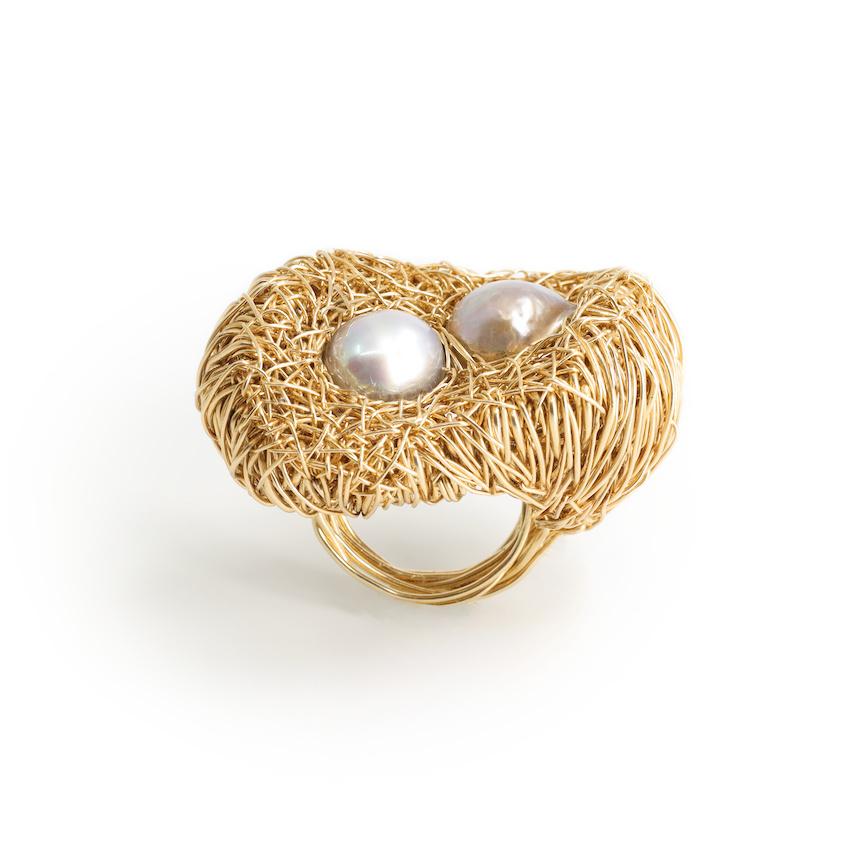 Women's or Men's Pearl Double Baroque 14 kt Yellow Gold F. Statement and Cocktail Ring one-off For Sale
