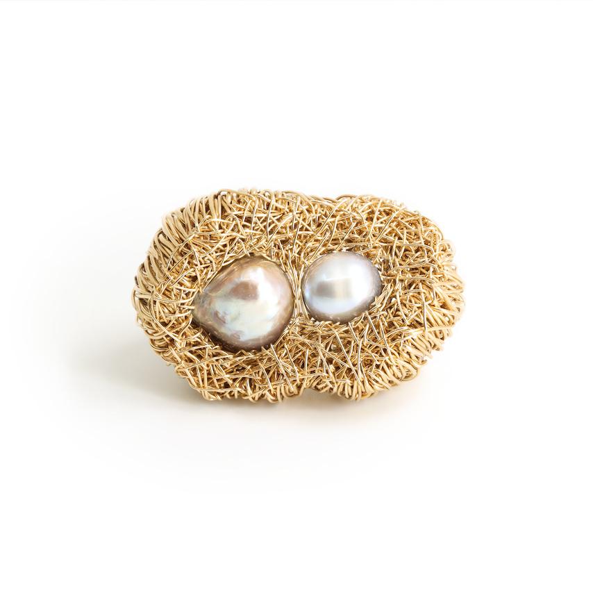 Pearl Double Baroque 14 kt Yellow Gold F. Statement and Cocktail Ring one-off For Sale 2