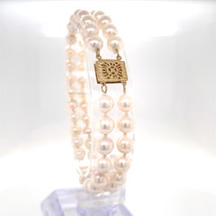 Pearl Double Strand Bracelet w Decorative 14K Yellow Gold Filigree Clasp