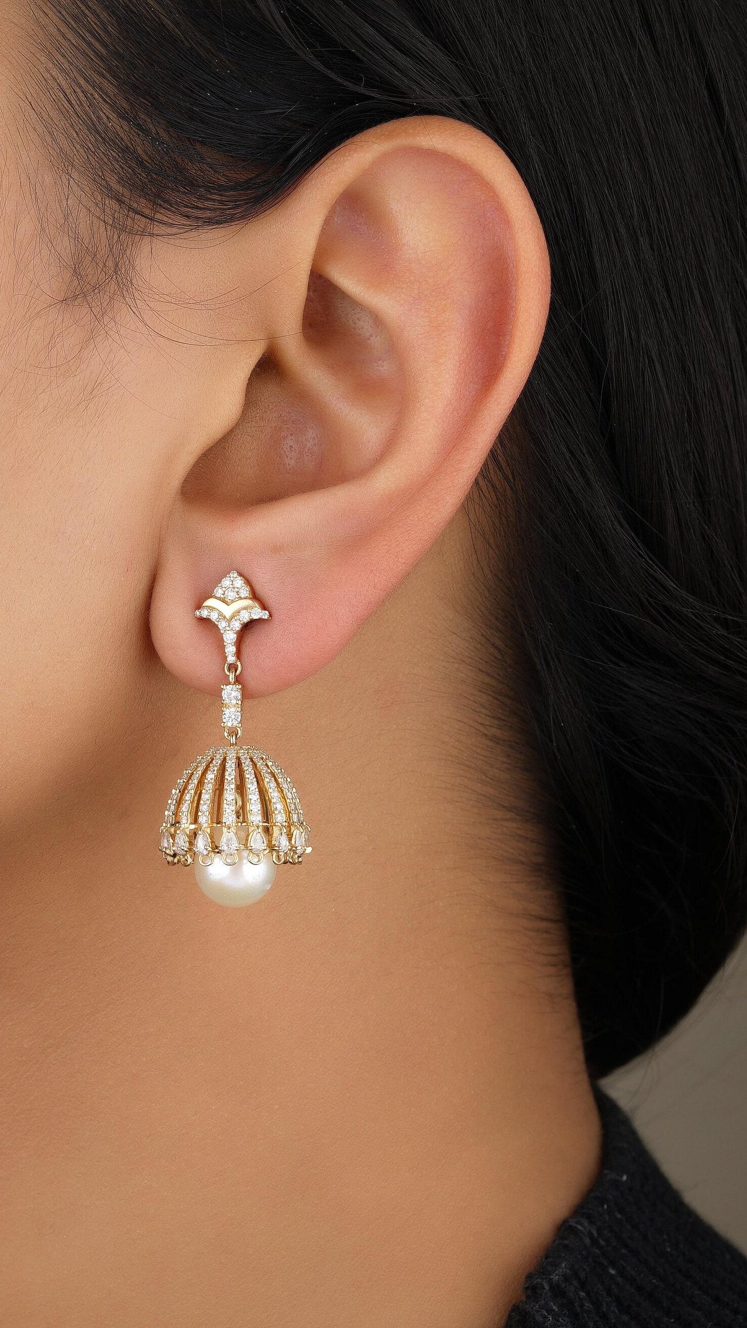 Art déco Boucles d'oreilles pendantes perle et diamant en or massif 14K (certifié) en vente