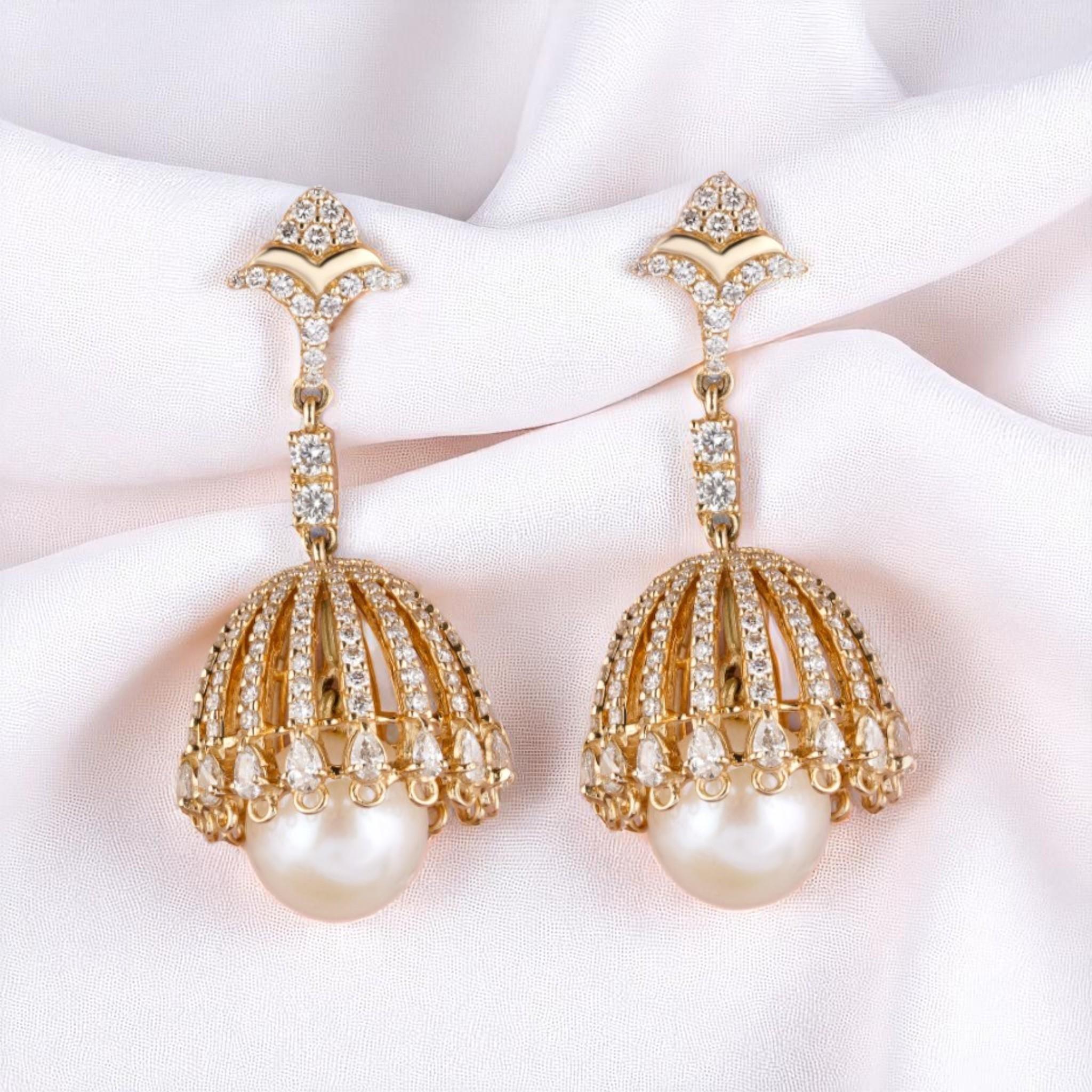Boucles d'oreilles pendantes perle et diamant en or massif 14K (certifié) Neuf - En vente à New Delhi, DL