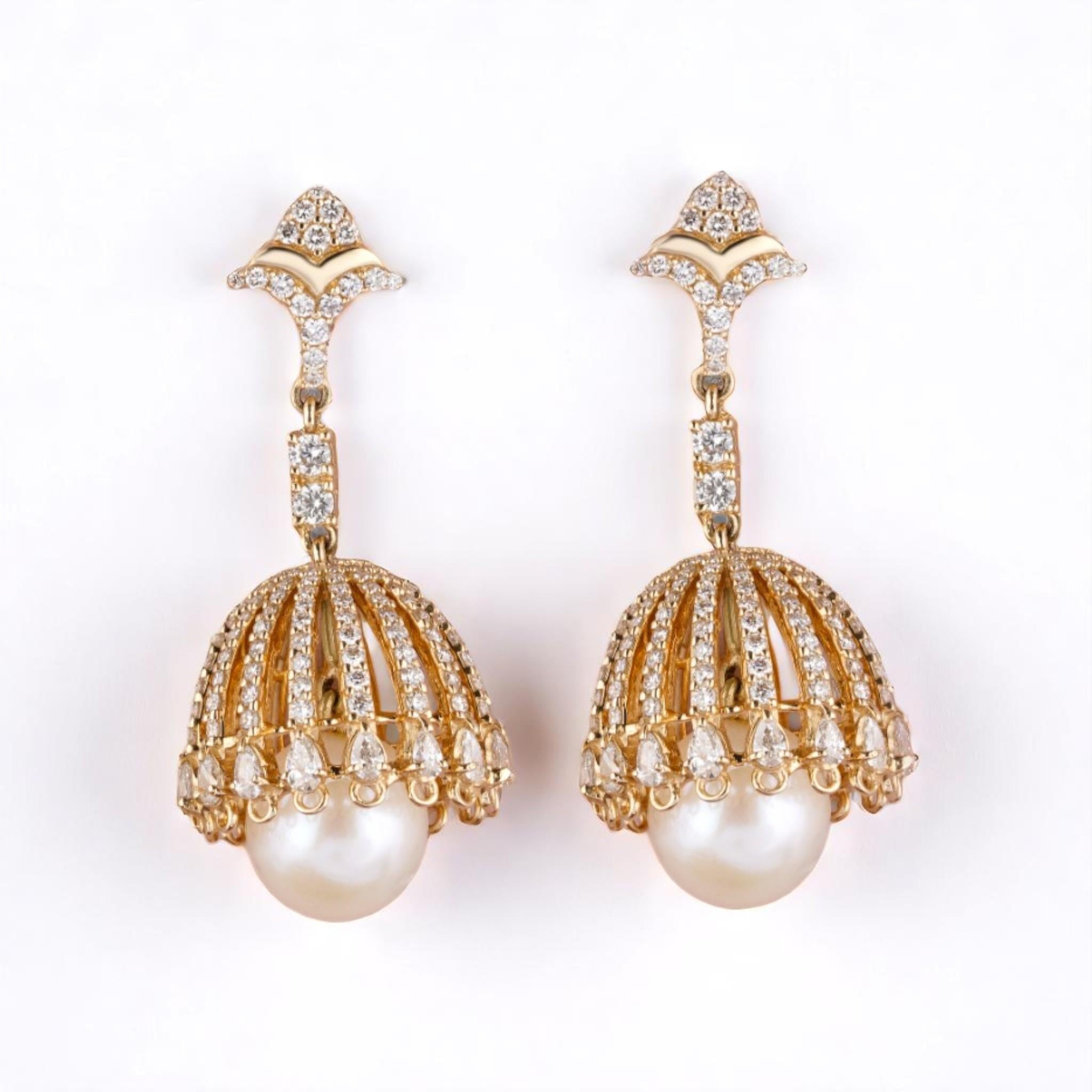 Pearl Drop Diamond Dangle Earrings in 14K Solid Gold (Certified) In New Condition For Sale In New Delhi, DL