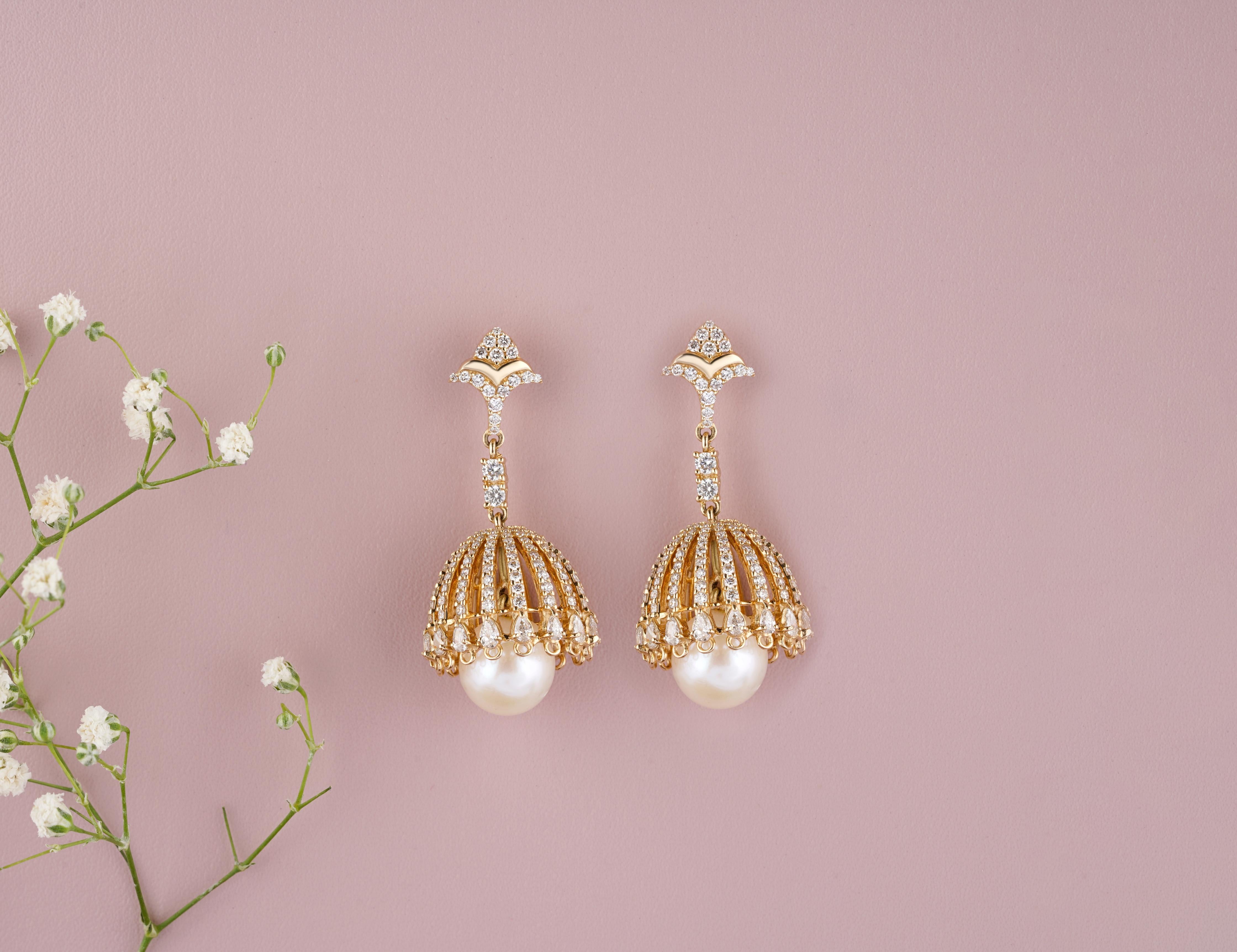 Pearl Drop Diamond Dangle Earrings in 14K Solid Gold (Certified) For Sale 1
