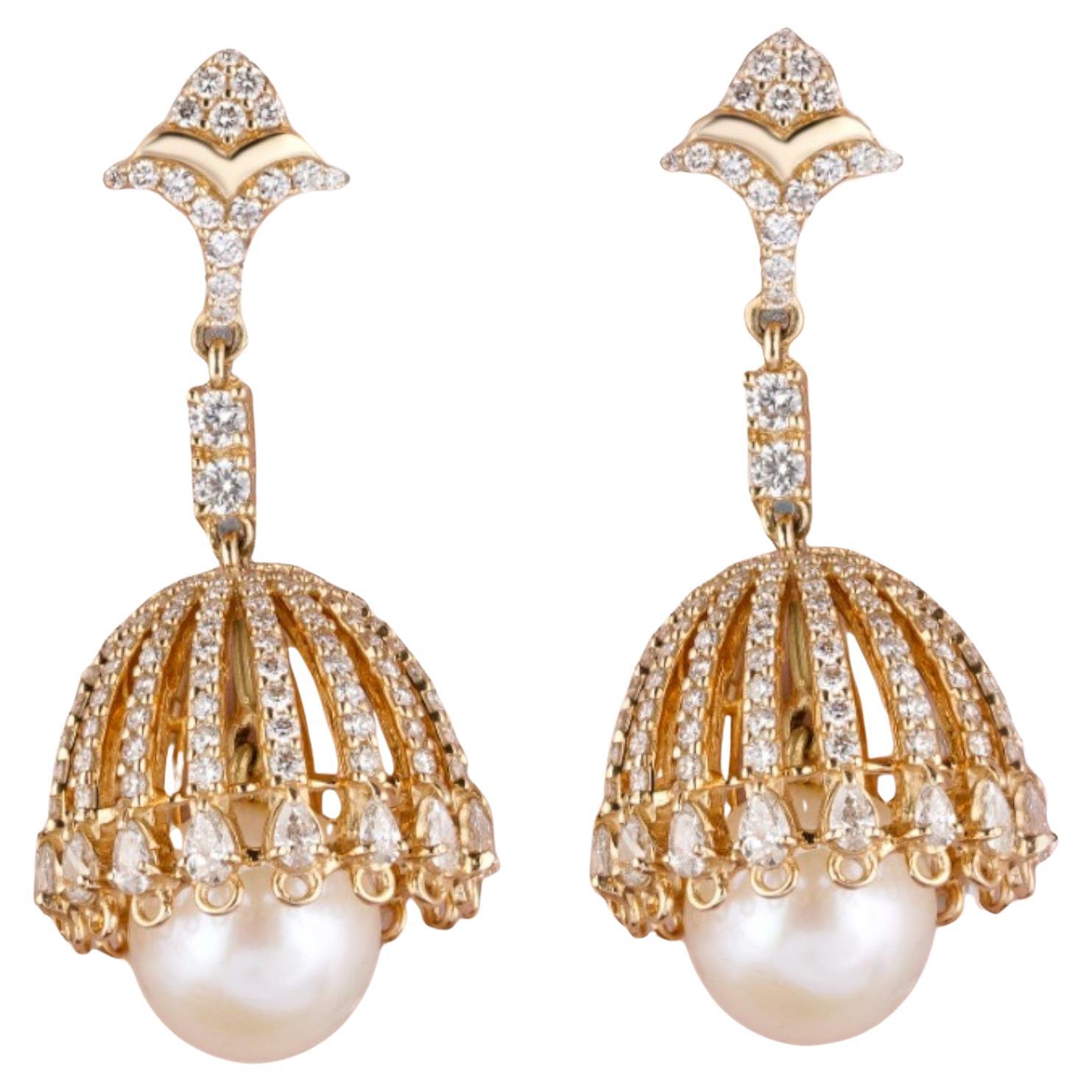 Boucles d'oreilles pendantes perle et diamant en or massif 14K (certifié)