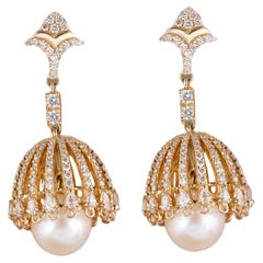 Boucles d'oreilles pendantes perle et diamant en or massif 14K (certifié)