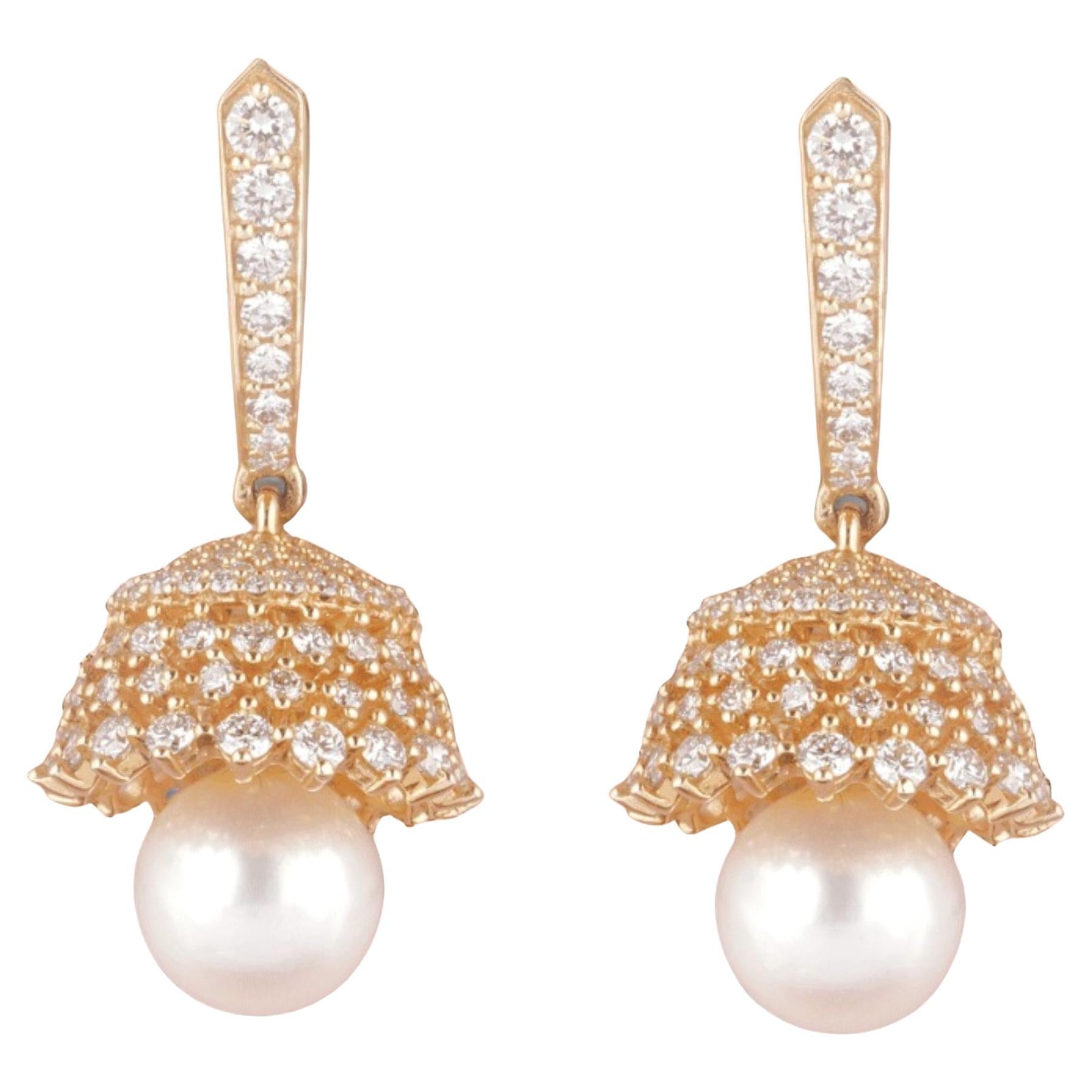 Boucles d'oreilles perle et diamant en or massif 14K (certifié)