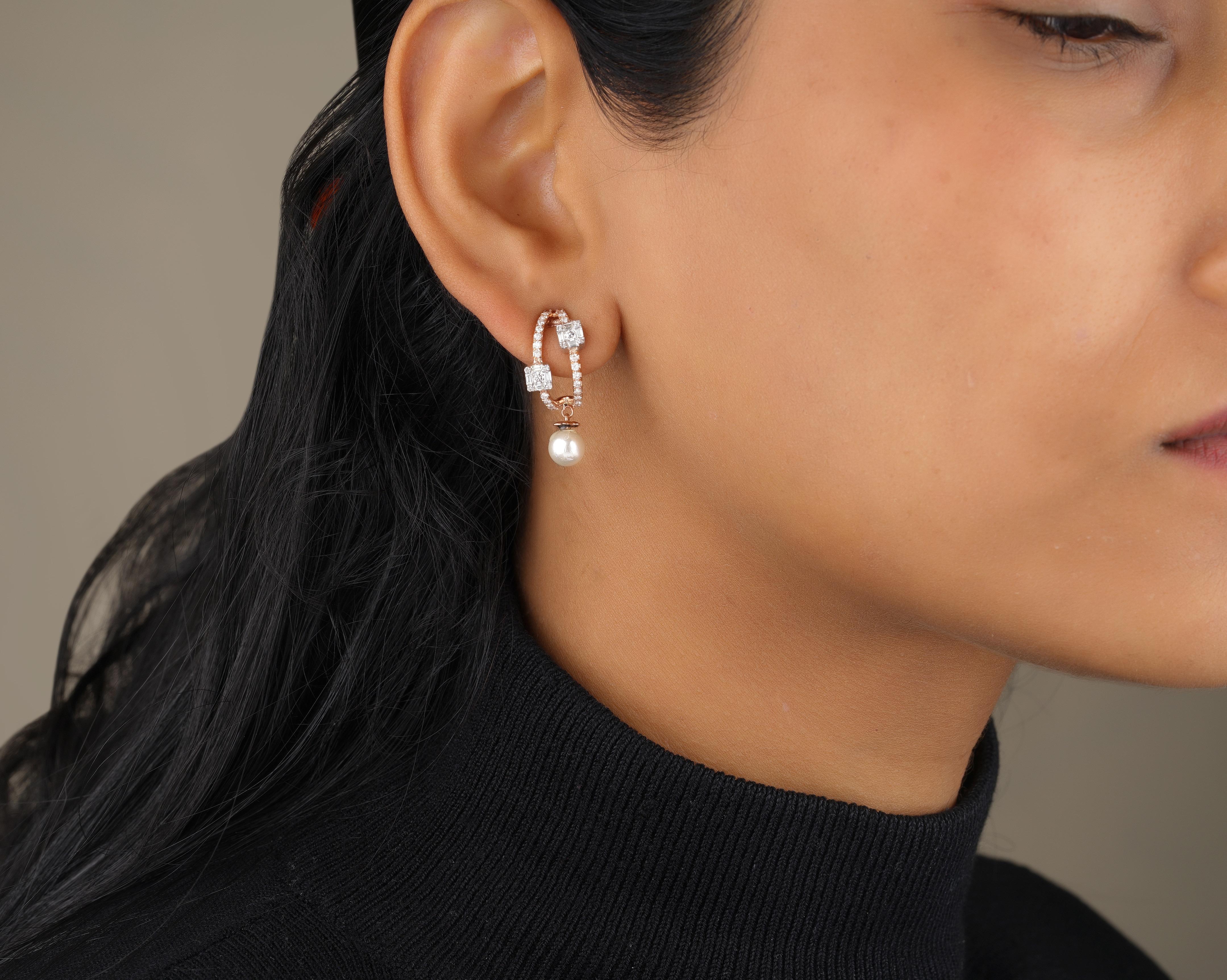 Art Deco Pearl Drop Diamond Earrings Set in 18K Solid Gold For Sale