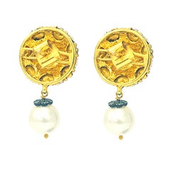 Pearl Drop & Diamonds Earrings In 14k Yellow Gold