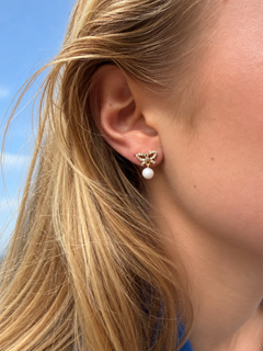 Pearl Drop Earrings Diamond Bow Earstud