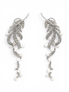 Diamond Pearl Chandelier Earrings Feather Drop 18K White Gold 3.64CT