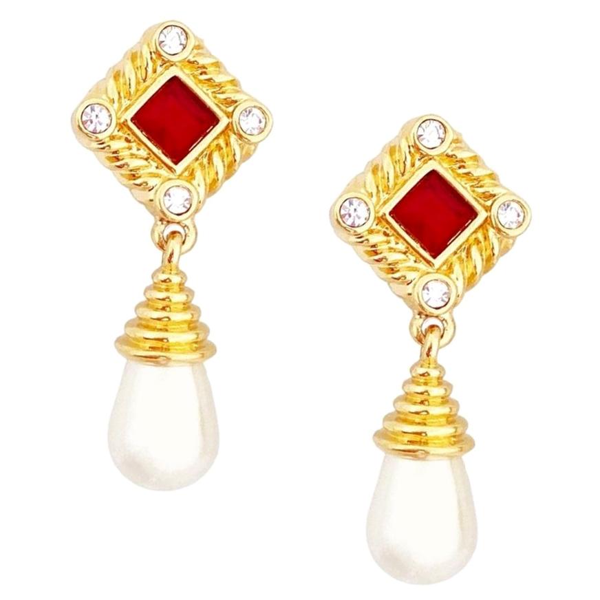 Pearl Drop Earrings With Ruby Red Crystals By Swarovski, 1980s