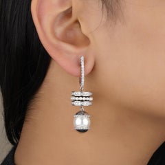 25.08 Carat Pearl Black Enamel Huggie Drop Statement Earrings, 14k White Gold