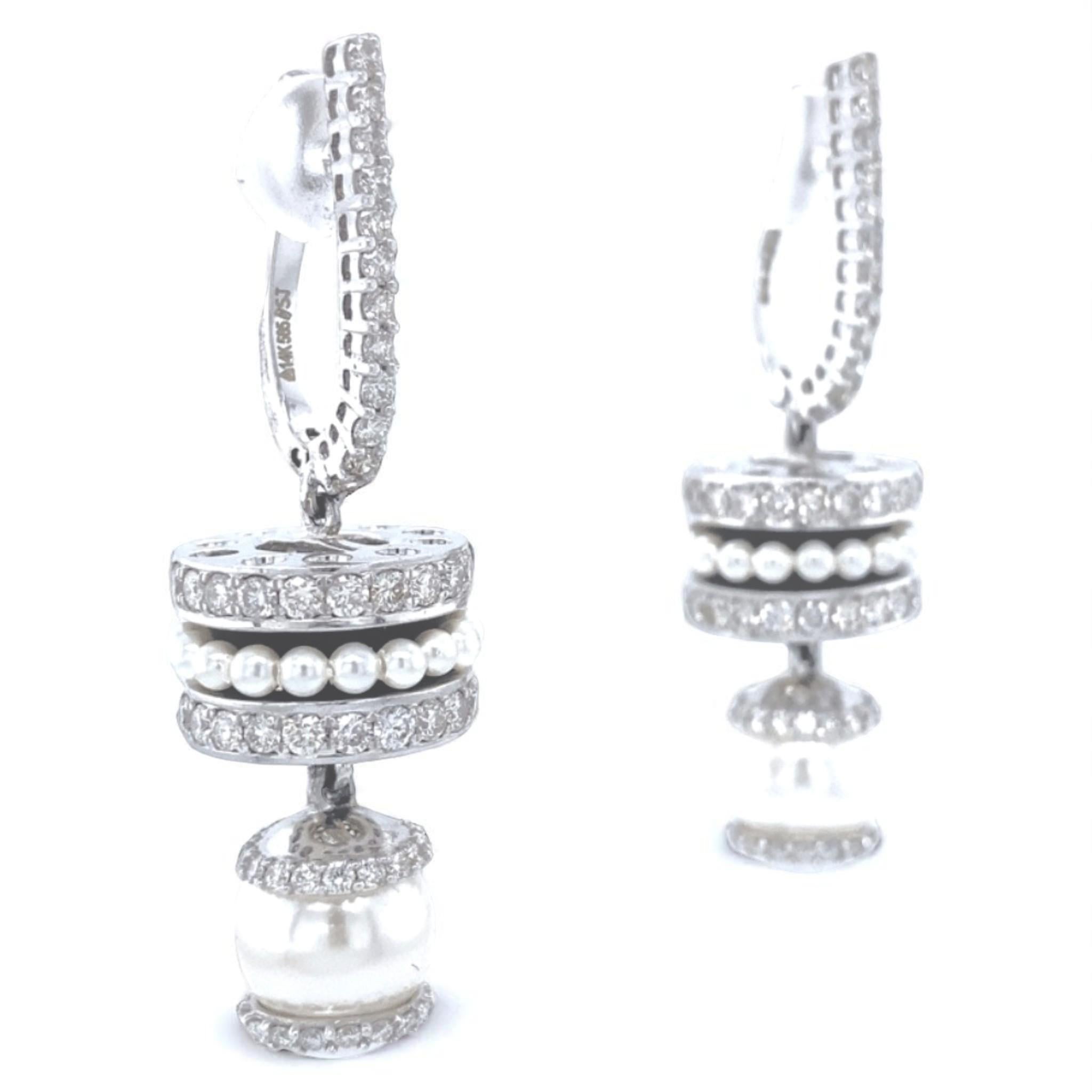 Pearl Drop Enamel Diamond Earrings in 14K Solid Gold (Certified) Pour femmes en vente