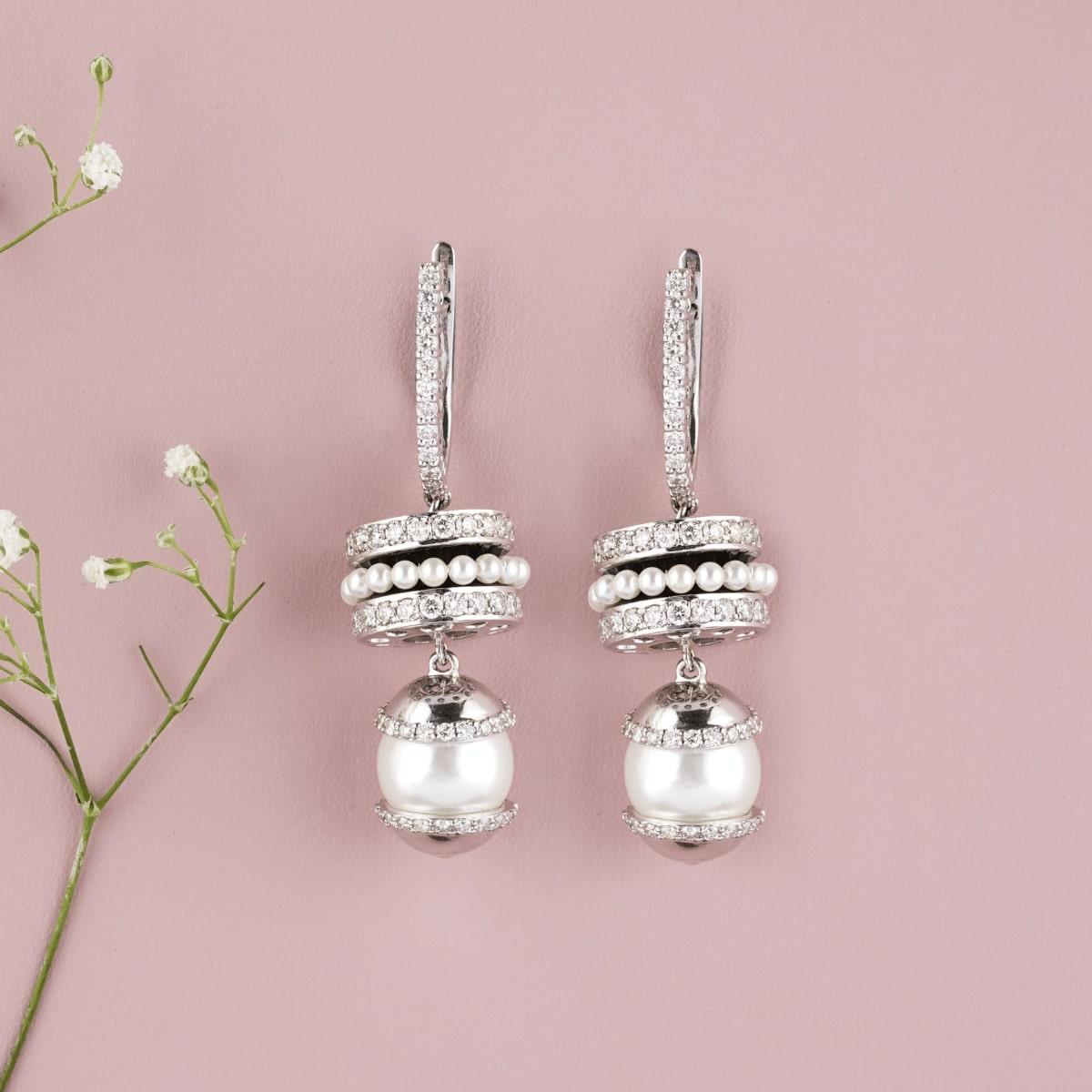 Pearl Drop Enamel Diamond Earrings in 14K Solid Gold (Certified) For Sale 2