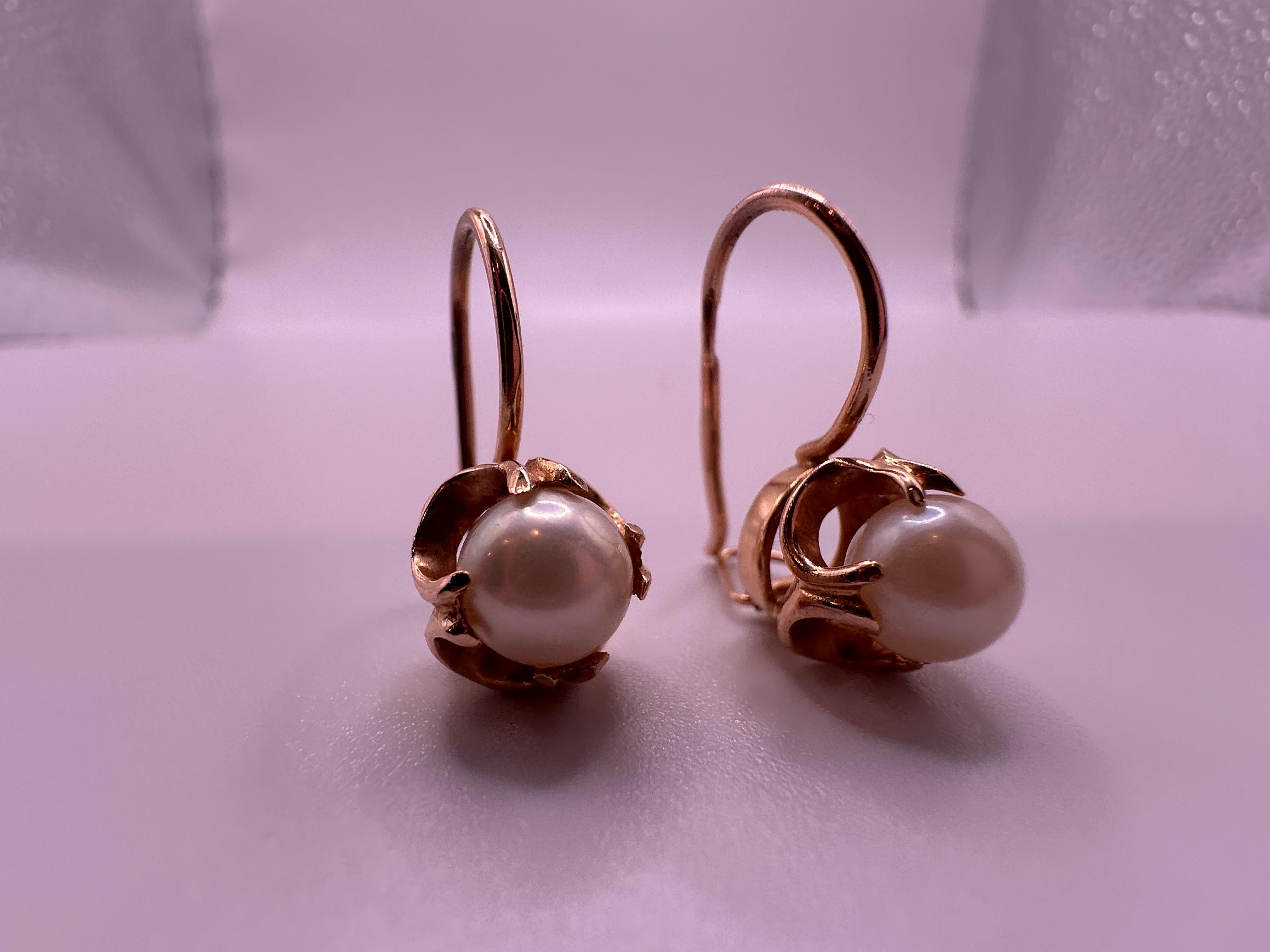 Taille ronde Boucles d'oreilles perles Boucles d'oreilles or rose 14KT en vente