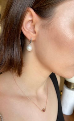 Pearl Earrings in 14k Rose Gold with Blue Diamond