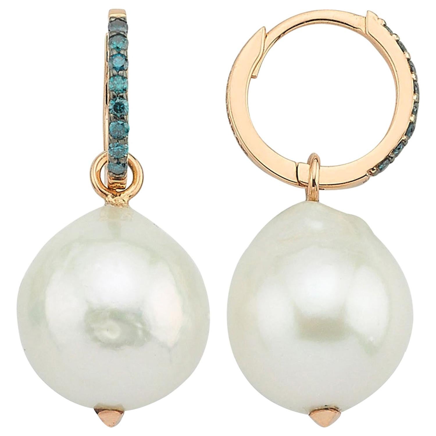 Pearl Earrings in 14k Rose Gold with Blue Diamond