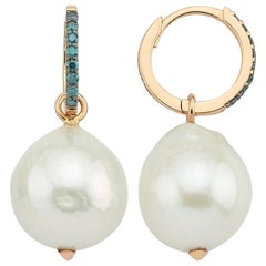 Pearl Earrings in 14k Rose Gold with Blue Diamond